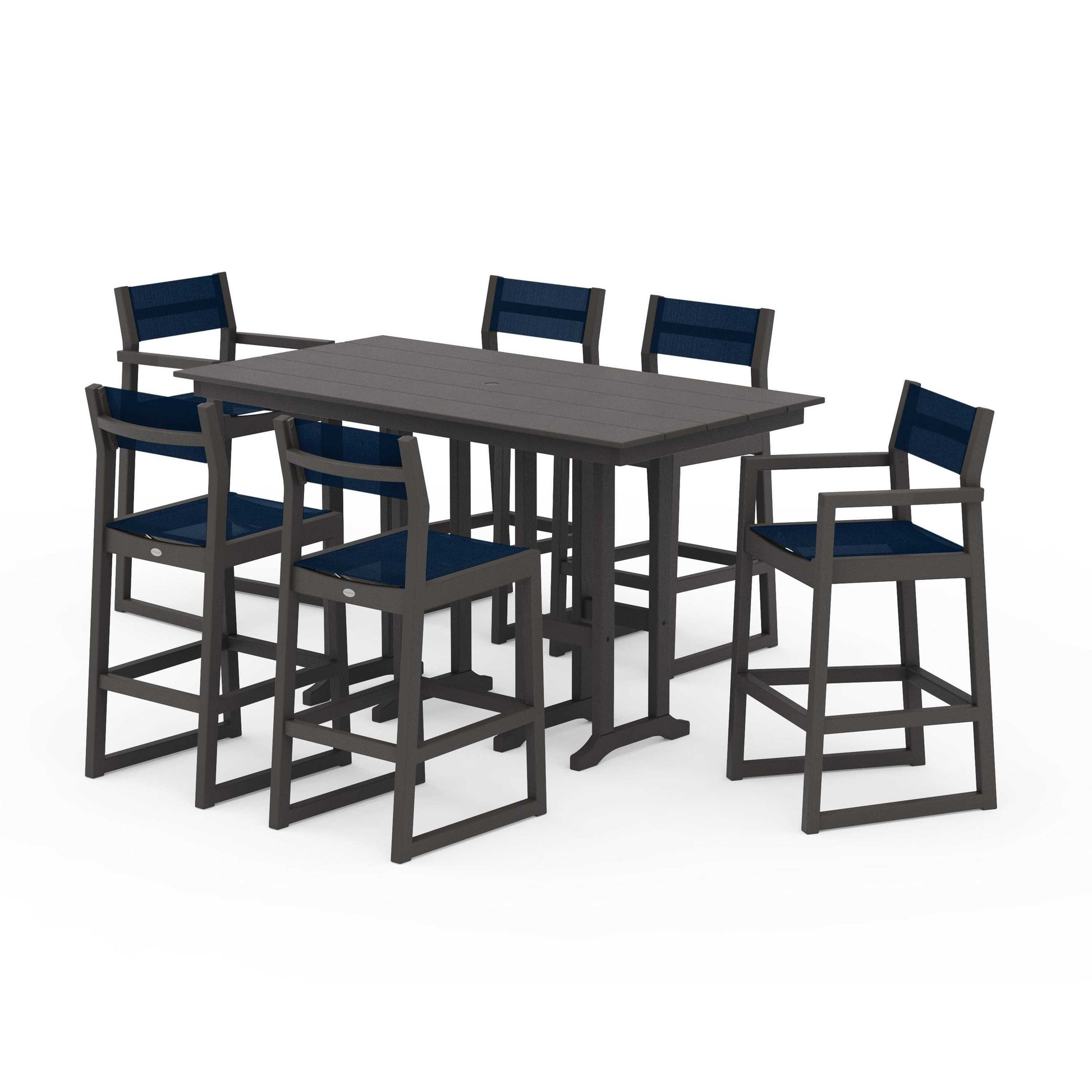 POLYWOOD EDGE Sling 7-Piece Farmhouse Bar Set — Vintage Coffee / Navy Blue Sling