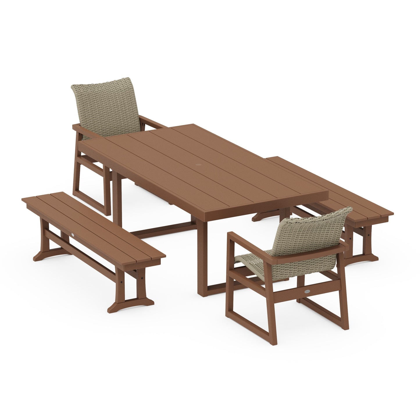 POLYWOOD EDGE Woven 5-Piece Dining Set with Benches — Teak / Dune Grass