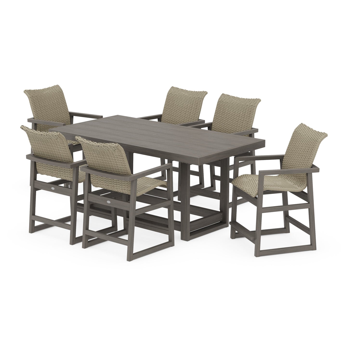 POLYWOOD EDGE Woven Arm Chair 7-Piece Counter Set — Driftwood / Dune Grass