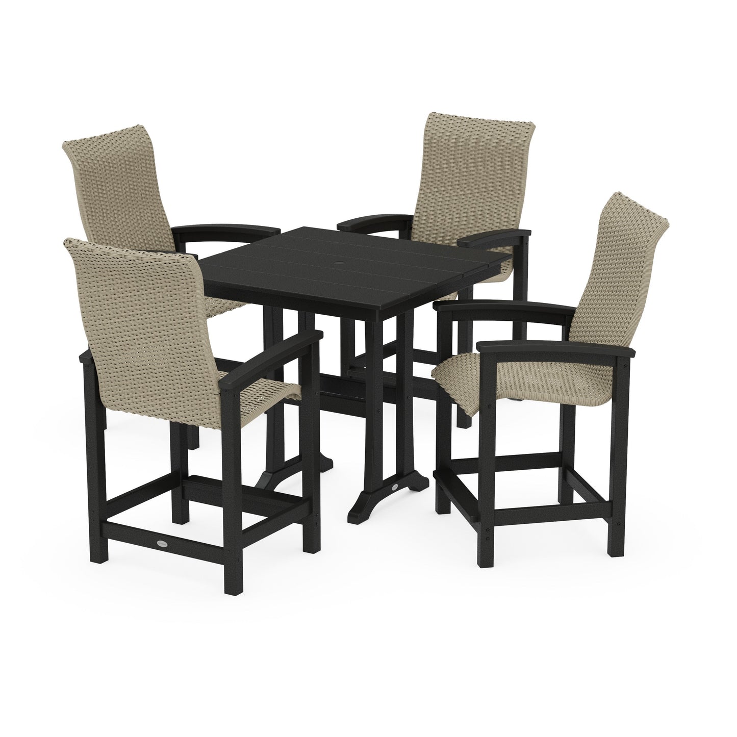 POLYWOOD Coastal Woven High-Back 5-Piece Farmhouse Counter Set with Trestle Legs — Black / Dune Grass