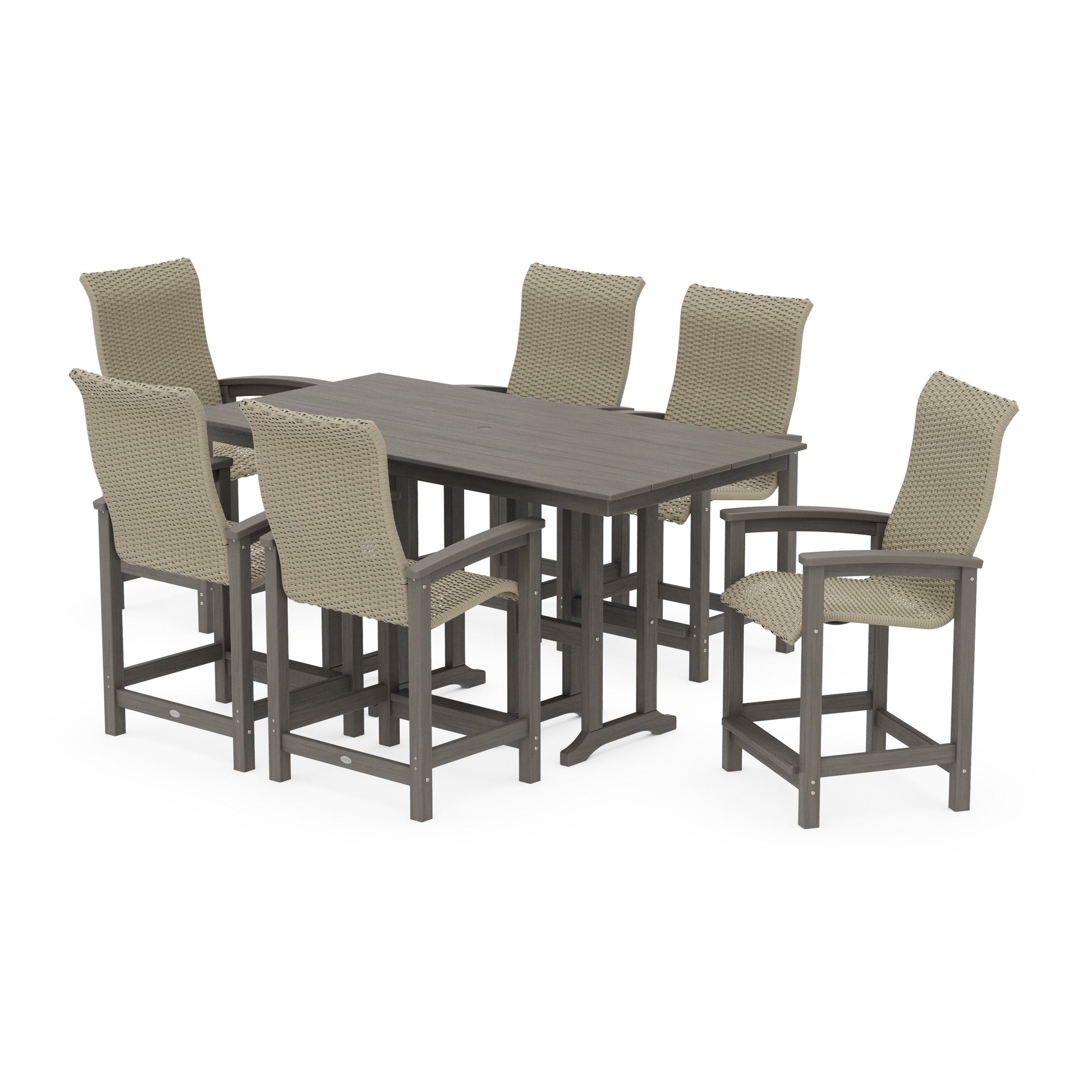 POLYWOOD Coastal Woven High-Back Arm Chair 7-Piece Farmhouse Counter Set — Driftwood / Dune Grass