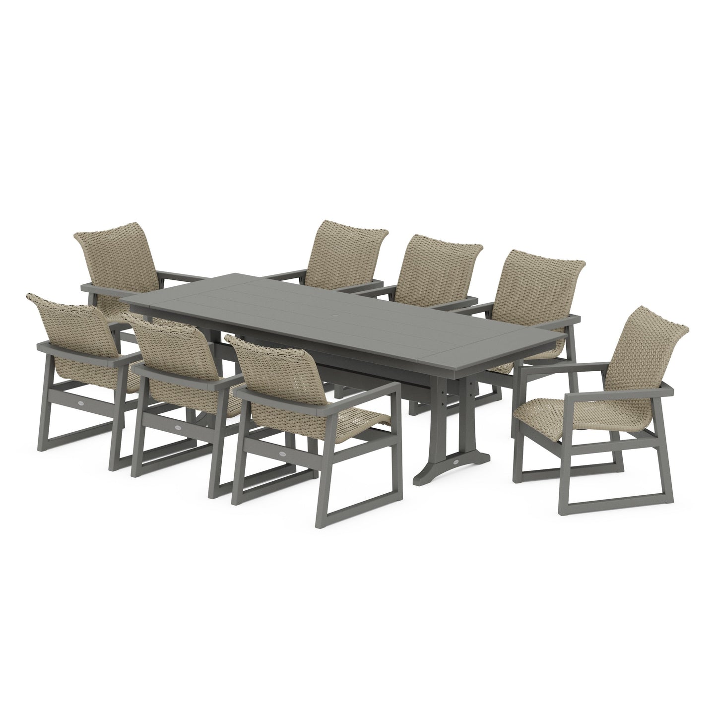 POLYWOOD EDGE Woven 9-Piece Farmhouse Dining Set with Trestle Legs — Slate Grey / Dune Grass