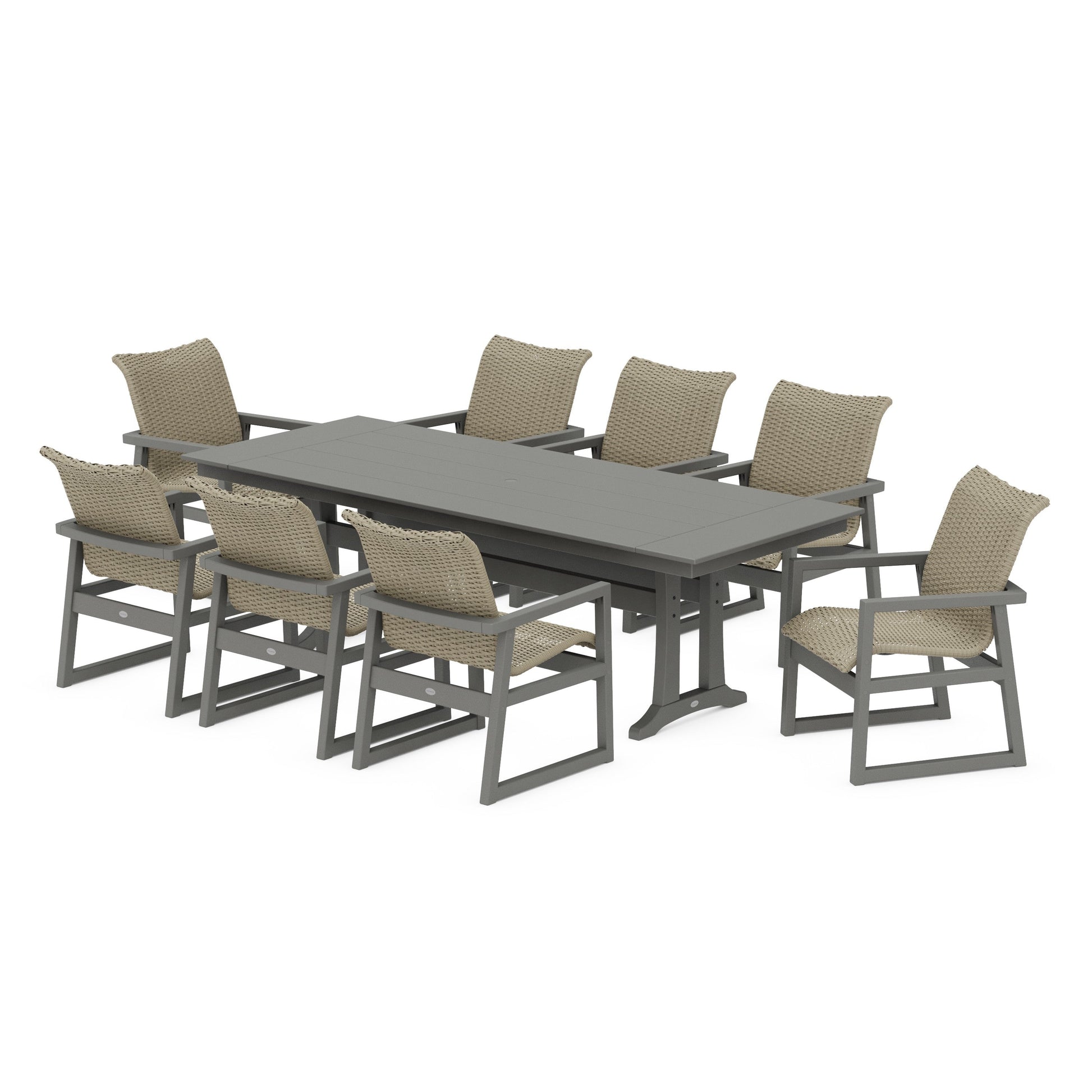 POLYWOOD EDGE Woven 9-Piece Farmhouse Dining Set with Trestle Legs — Slate Grey / Dune Grass