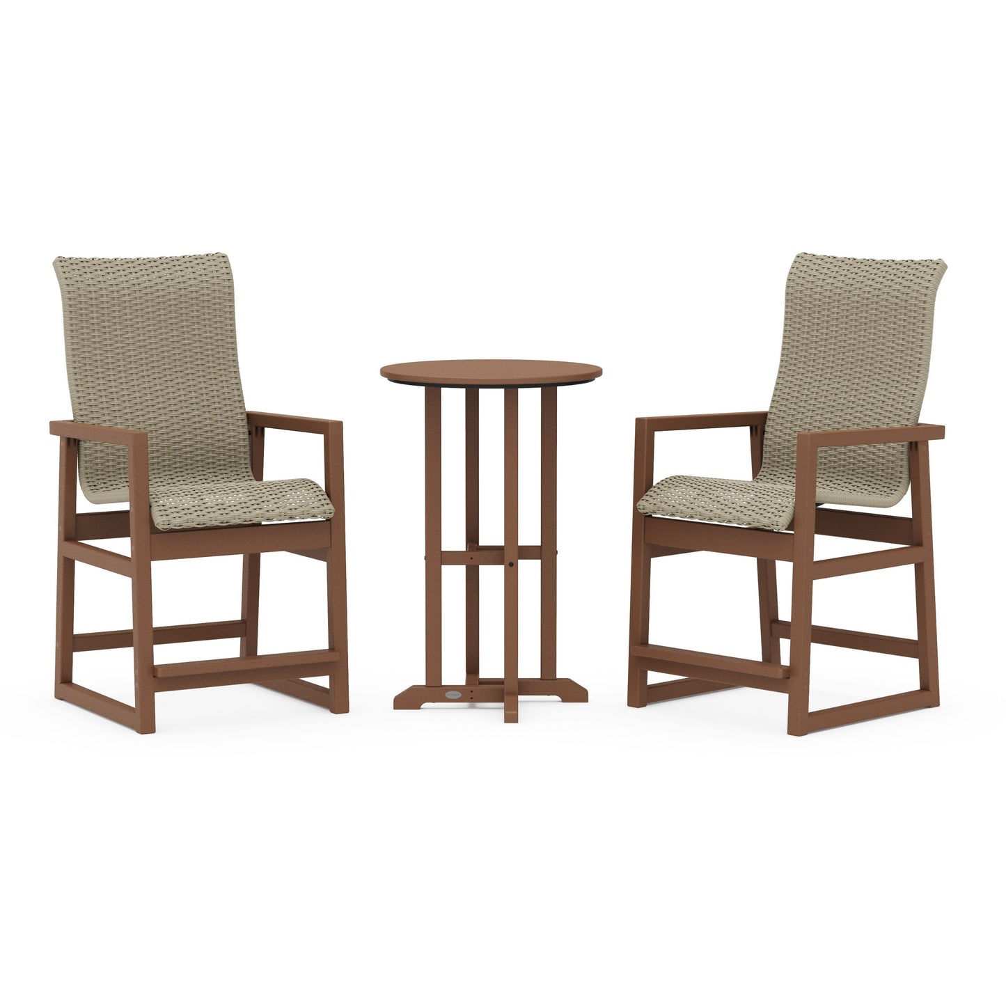 POLYWOOD EDGE Woven Highback 3-Piece Farmhouse Counter Set — Teak / Dune Grass