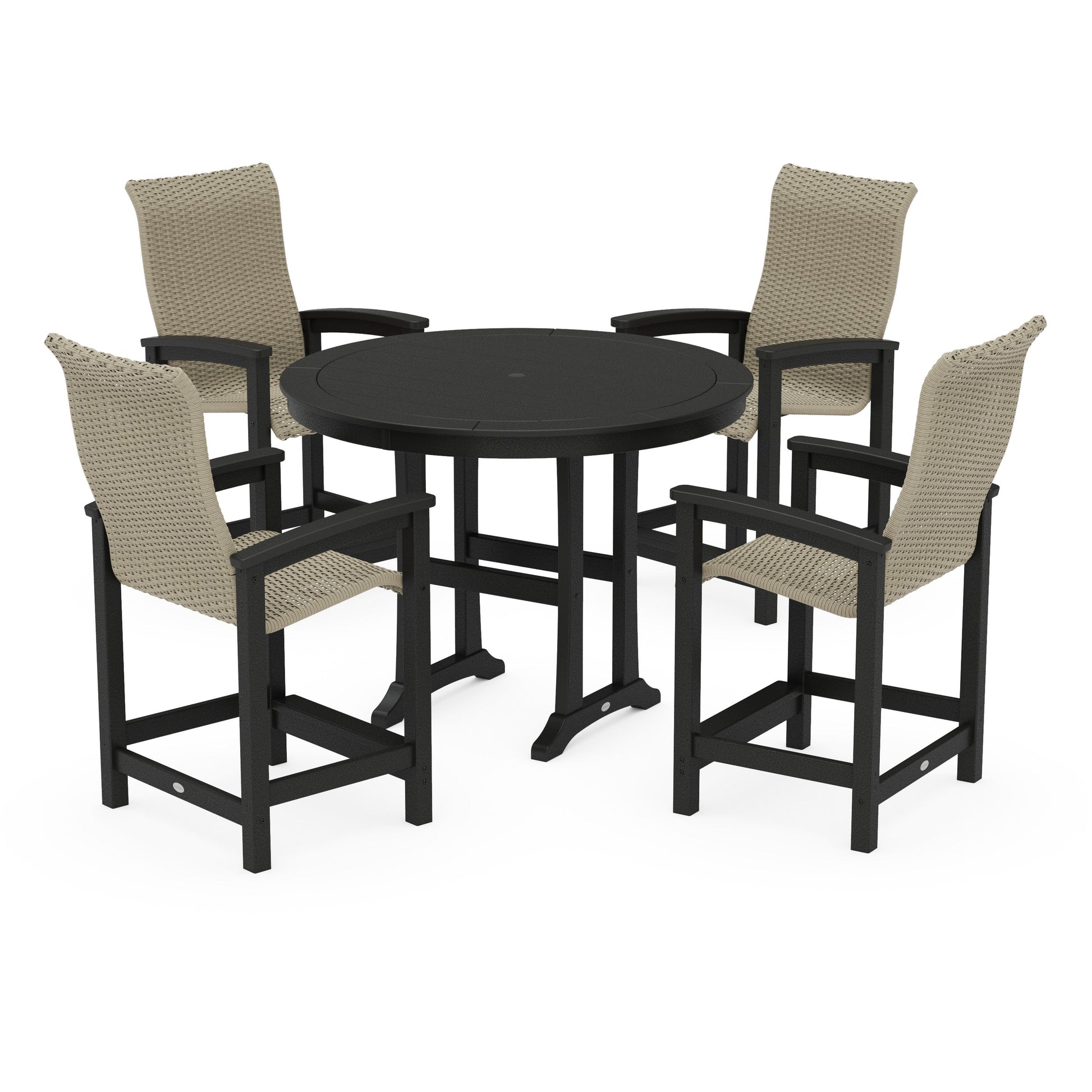 POLYWOOD Coastal Woven High-Back 5-Piece Round Counter Set — Black / Dune Grass