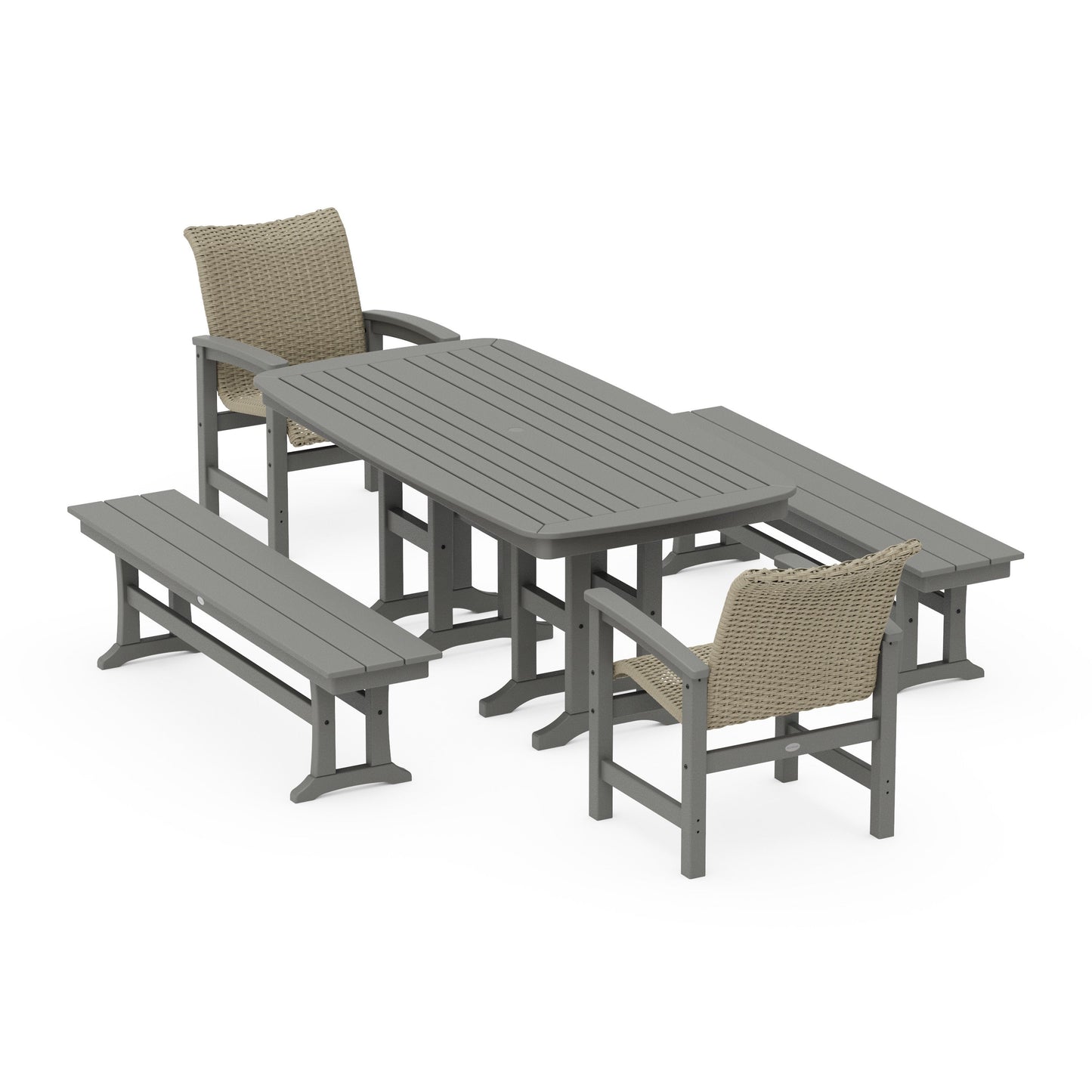 POLYWOOD Coastal Woven 5-Piece Dining Set with Benches — Slate Grey / Dune Grass