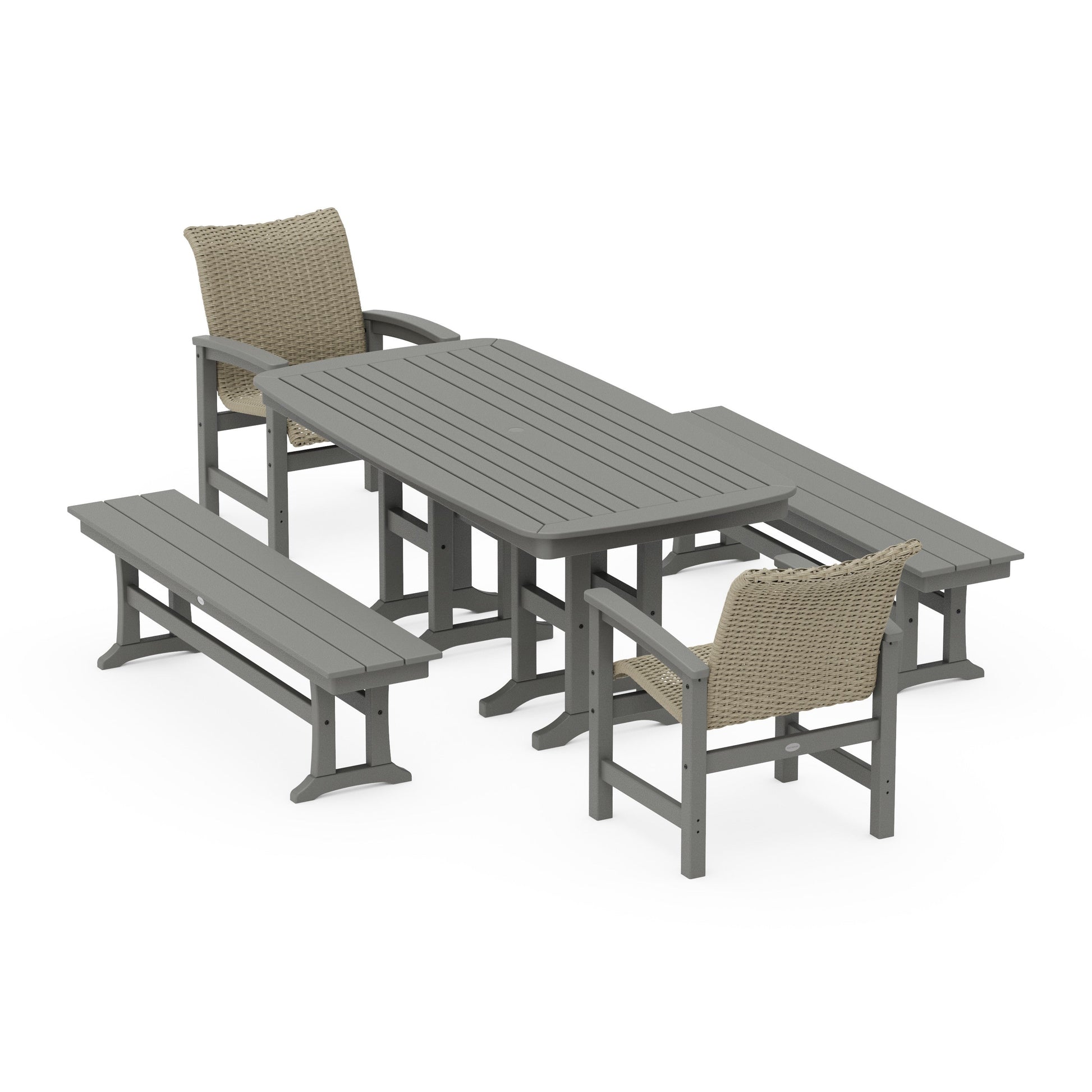 POLYWOOD Coastal Woven 5-Piece Dining Set with Benches — Slate Grey / Dune Grass