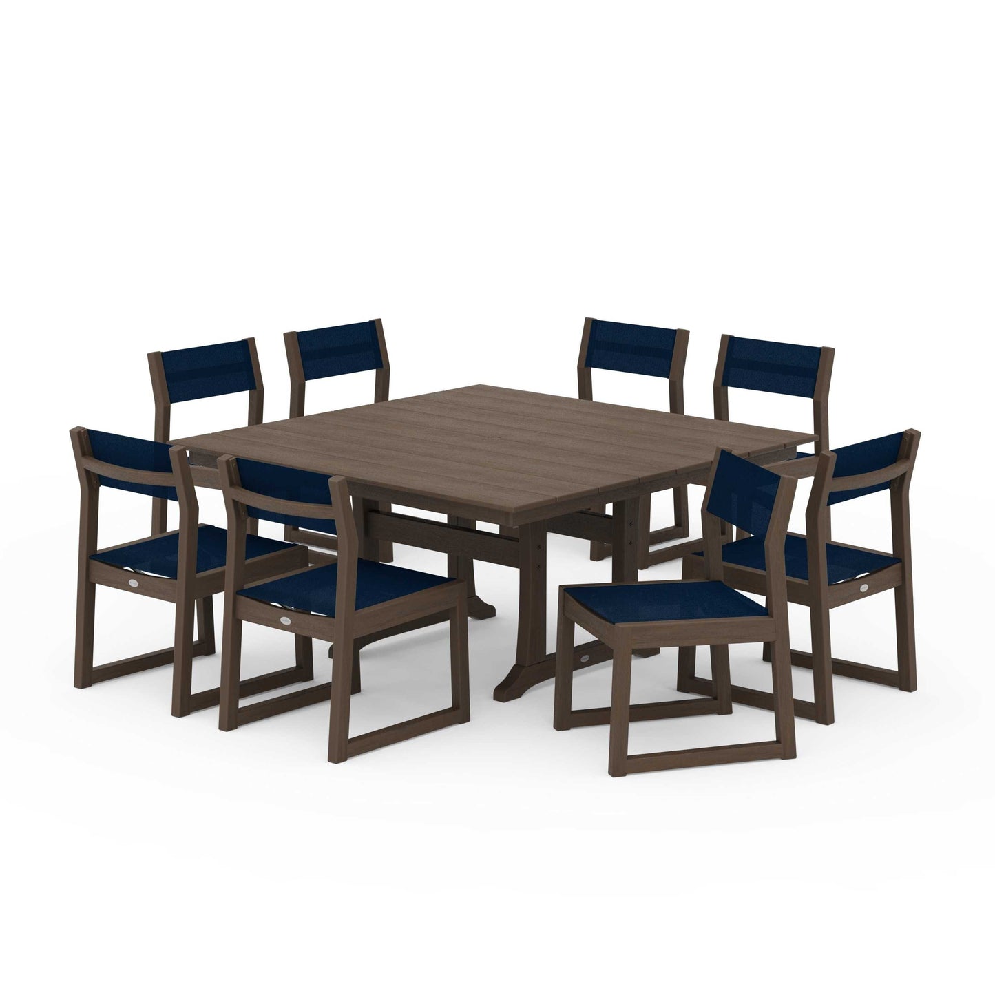POLYWOOD EDGE Sling Side Chair 9-Piece Farmhouse Trestle Dining Set — Kona / Navy Blue Sling
