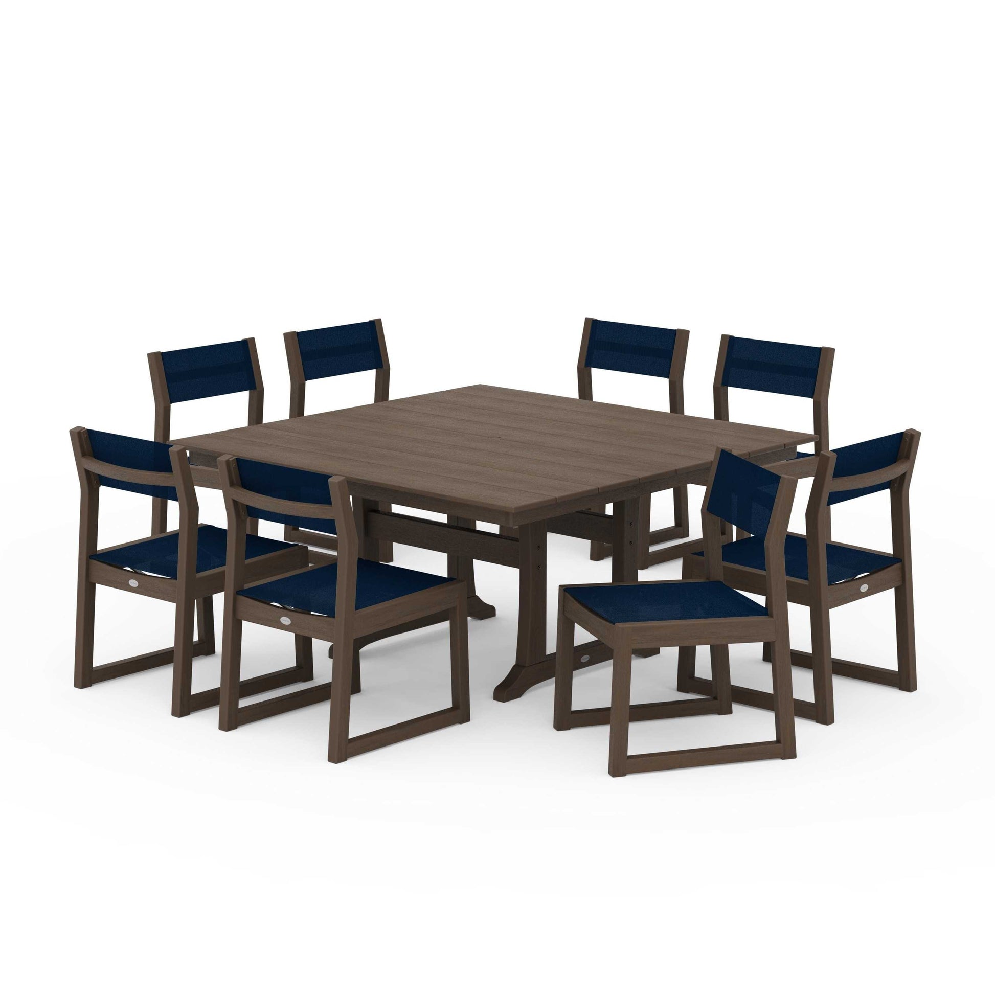 POLYWOOD EDGE Sling Side Chair 9-Piece Farmhouse Trestle Dining Set — Kona / Navy Blue Sling