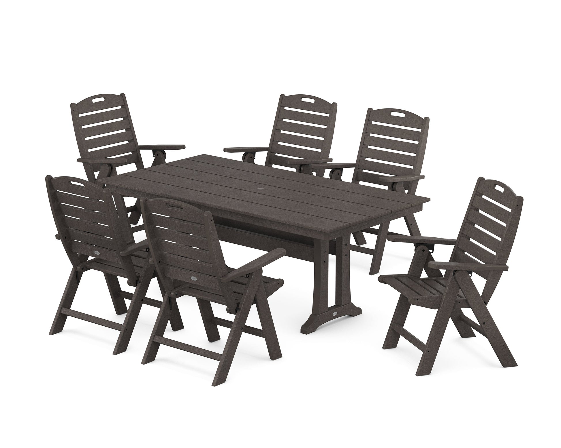 POLYWOOD Nautical Highback 7-Piece Farmhouse Dining Set with Trestle Legs — Vintage Coffee