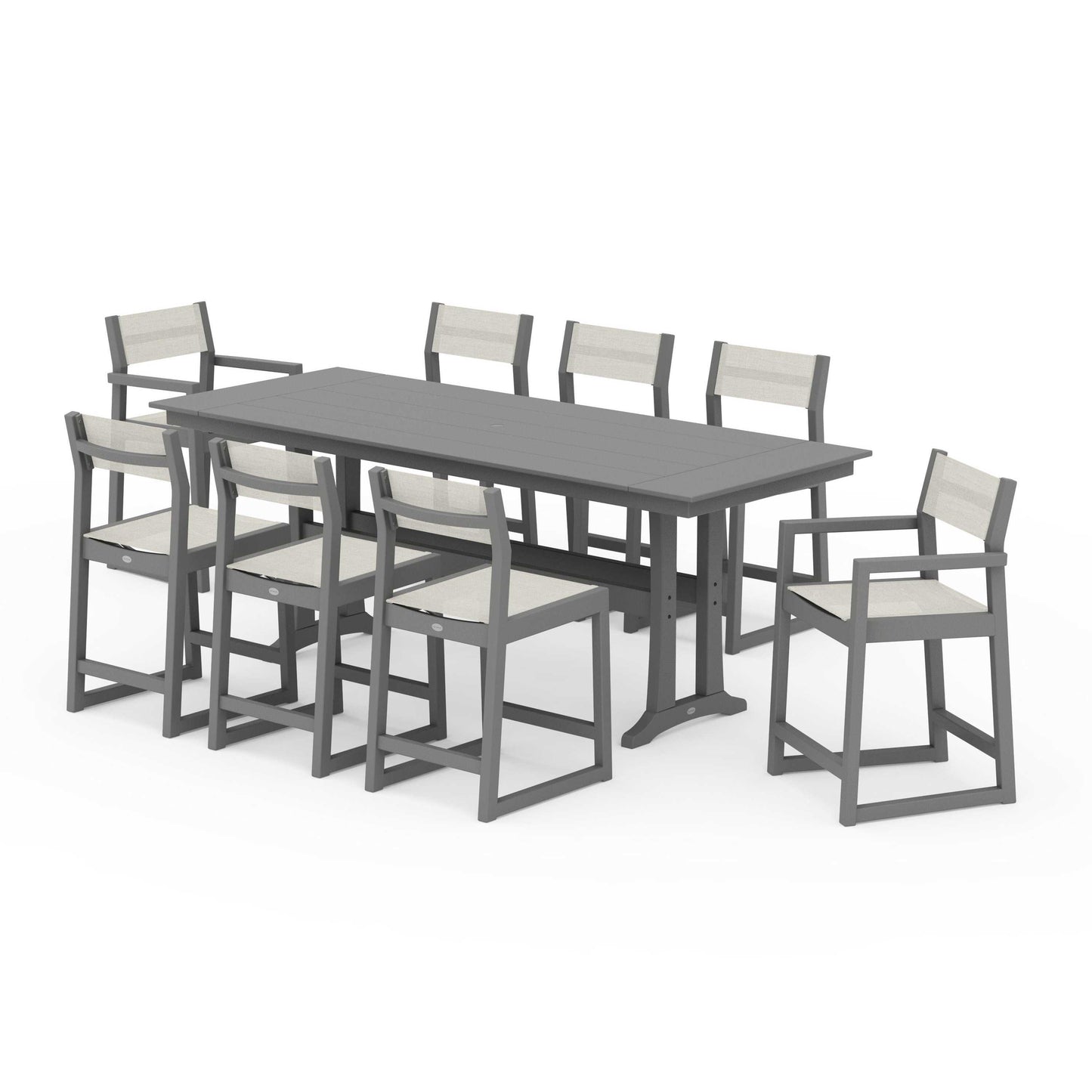 POLYWOOD EDGE Sling 9-Piece Farmhouse Counter Set with Trestle Legs — Slate Grey / Parchment Sling