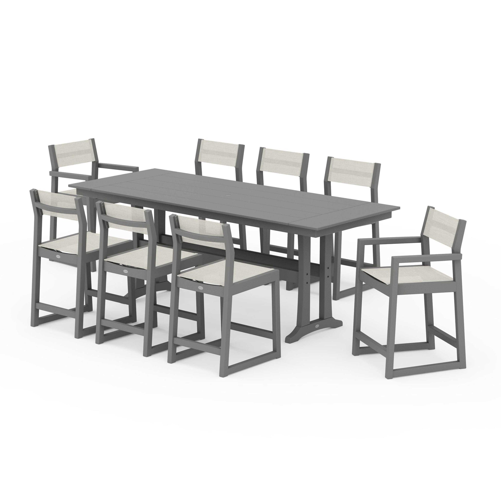 POLYWOOD EDGE Sling 9-Piece Farmhouse Counter Set with Trestle Legs — Slate Grey / Parchment Sling