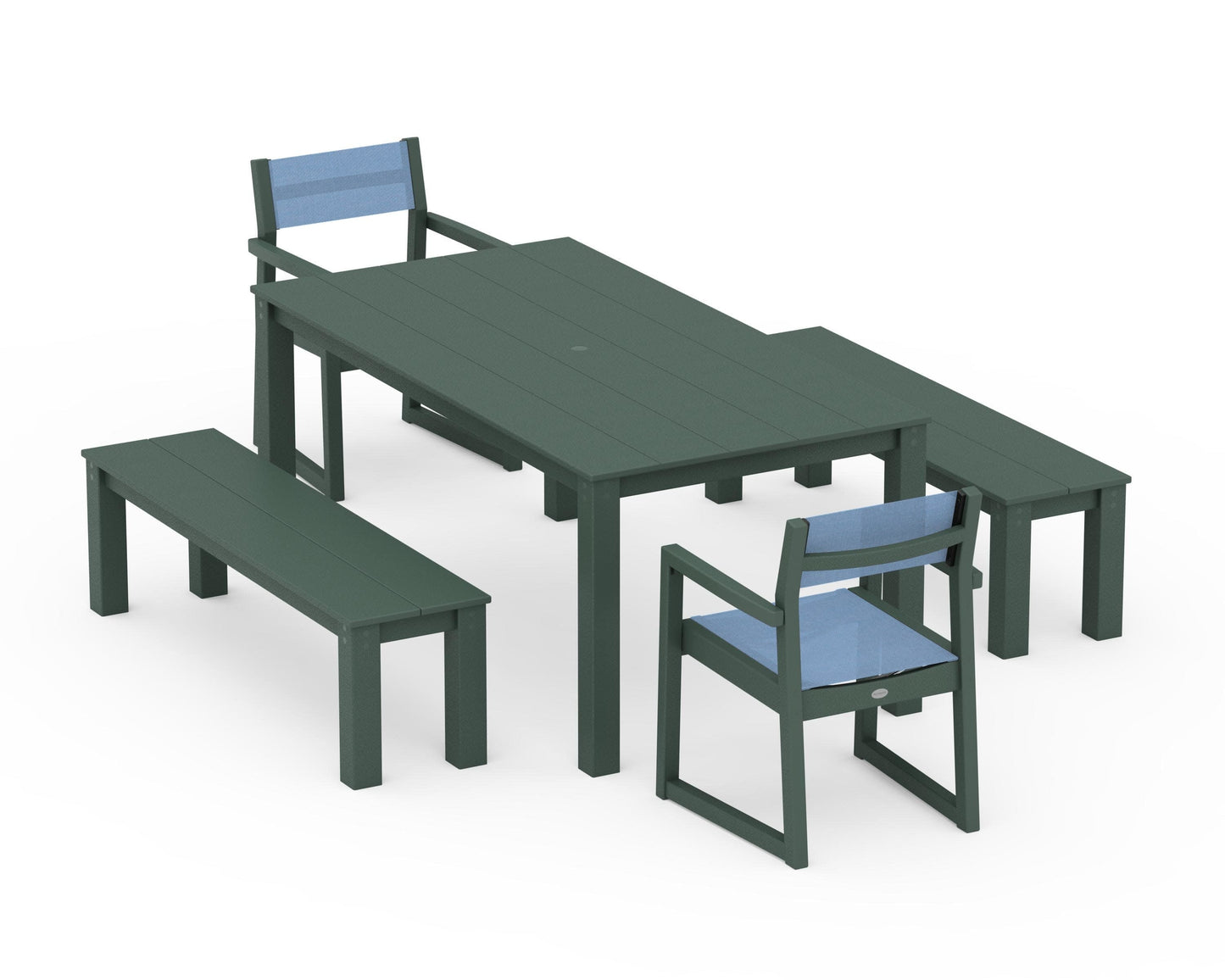 POLYWOOD EDGE Sling Arm Chair 5-Piece Parsons Dining Set with Benches — Green / Poolside Sling