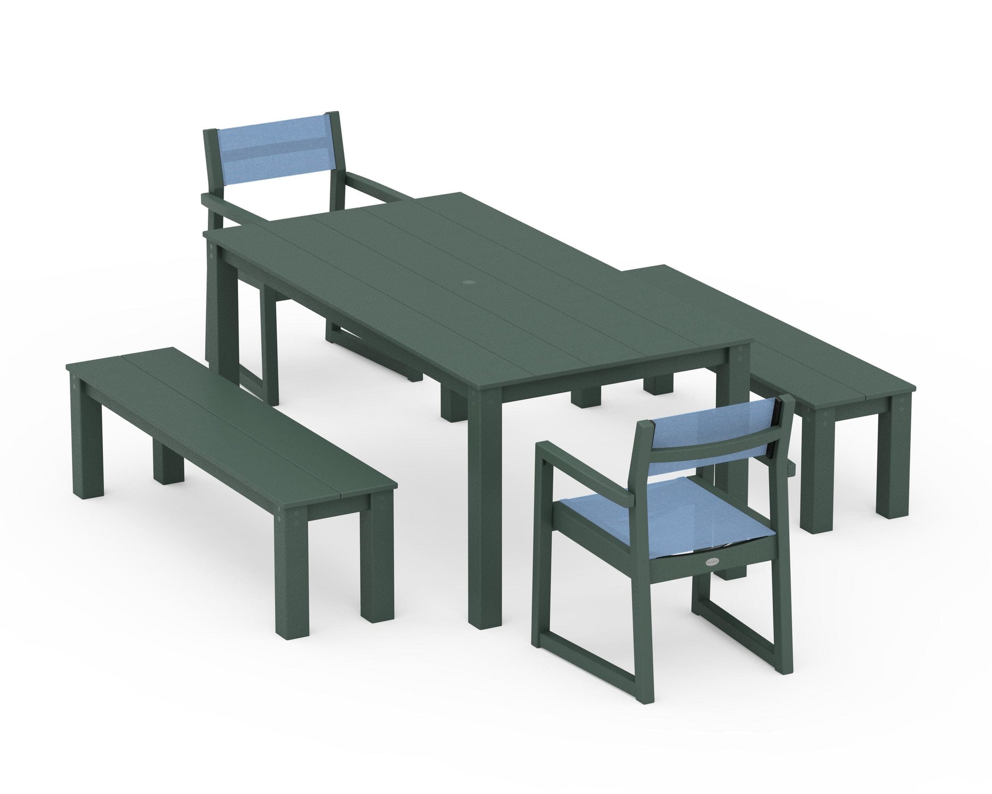 POLYWOOD EDGE Sling Arm Chair 5-Piece Parsons Dining Set with Benches — Green / Poolside Sling
