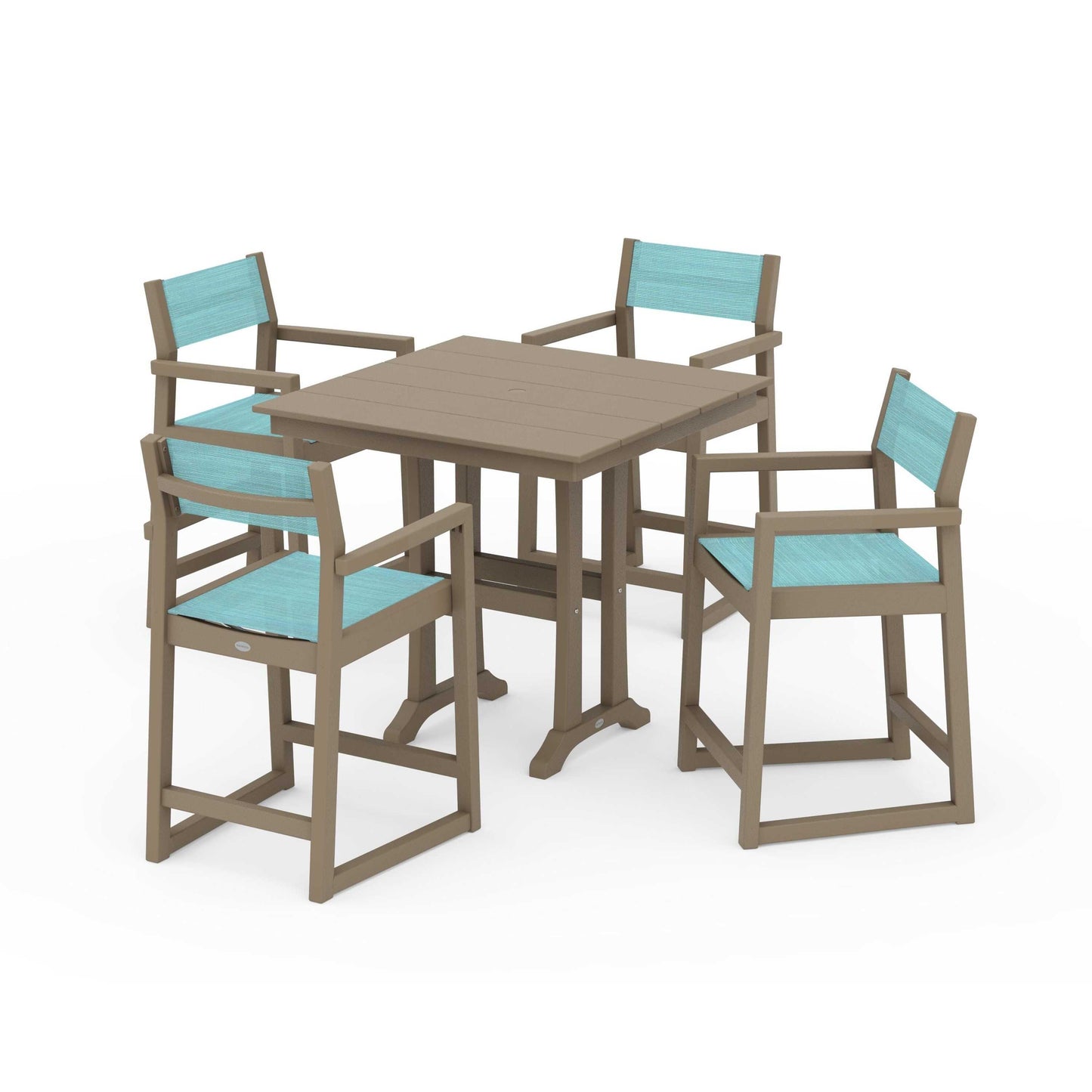 POLYWOOD EDGE Sling Arm Chair 5-Piece Farmhouse Counter Set with Trestle Legs — Vintage Sahara / Dupioni Aquamarine Sling