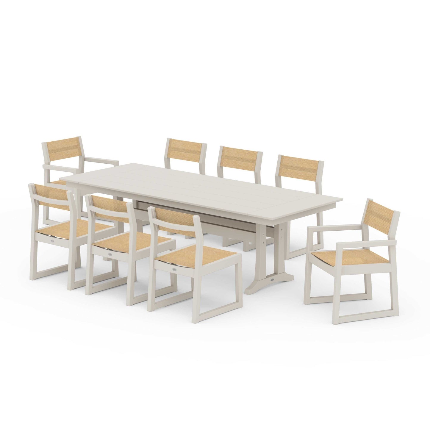 POLYWOOD EDGE Sling 9-Piece Farmhouse Trestle Dining Set — Sand / Dupioni Apricot Sling