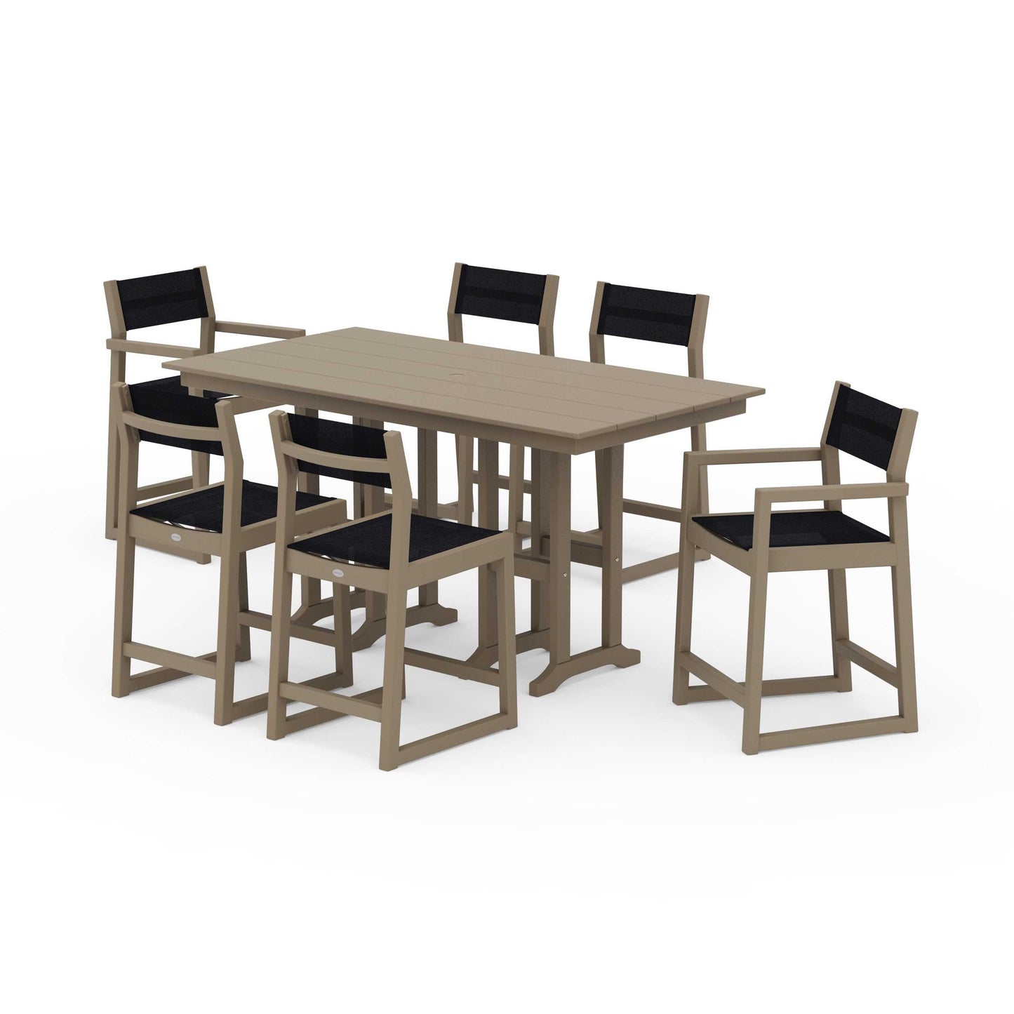 POLYWOOD EDGE Sling 7-Piece Farmhouse Counter Set with Trestle Legs — Vintage Sahara / Black Sling