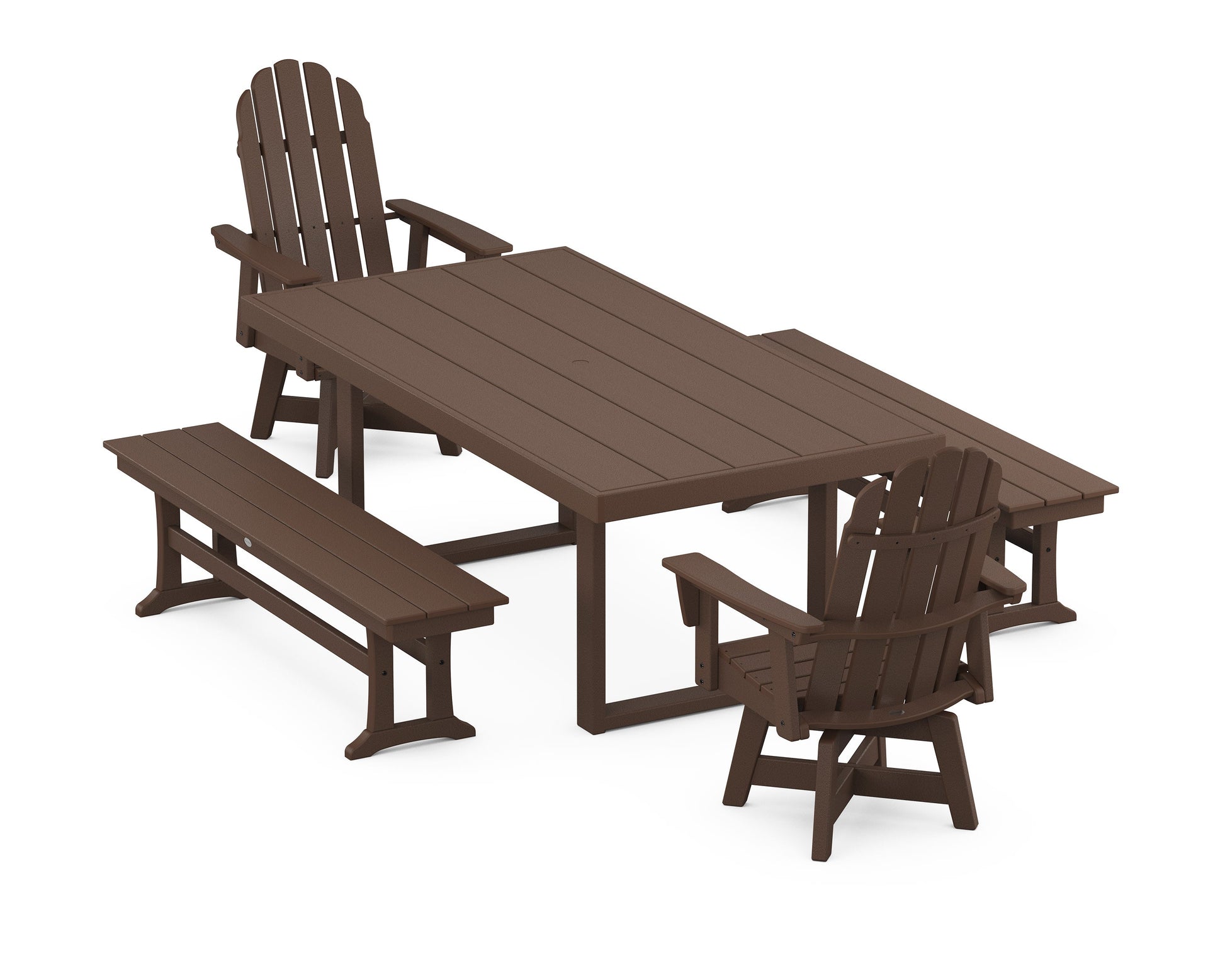 POLYWOOD Vineyard Curveback Adirondack Swivel Chair 5-Piece Dining Set with Benches — Mahogany