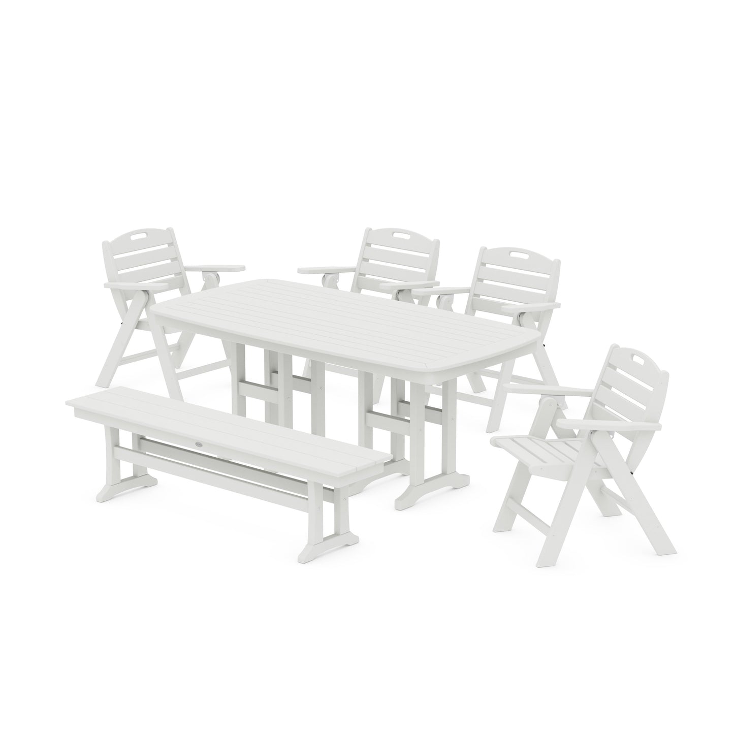 POLYWOOD Nautical Lowback 6-Piece Dining Set with Bench — Vintage White