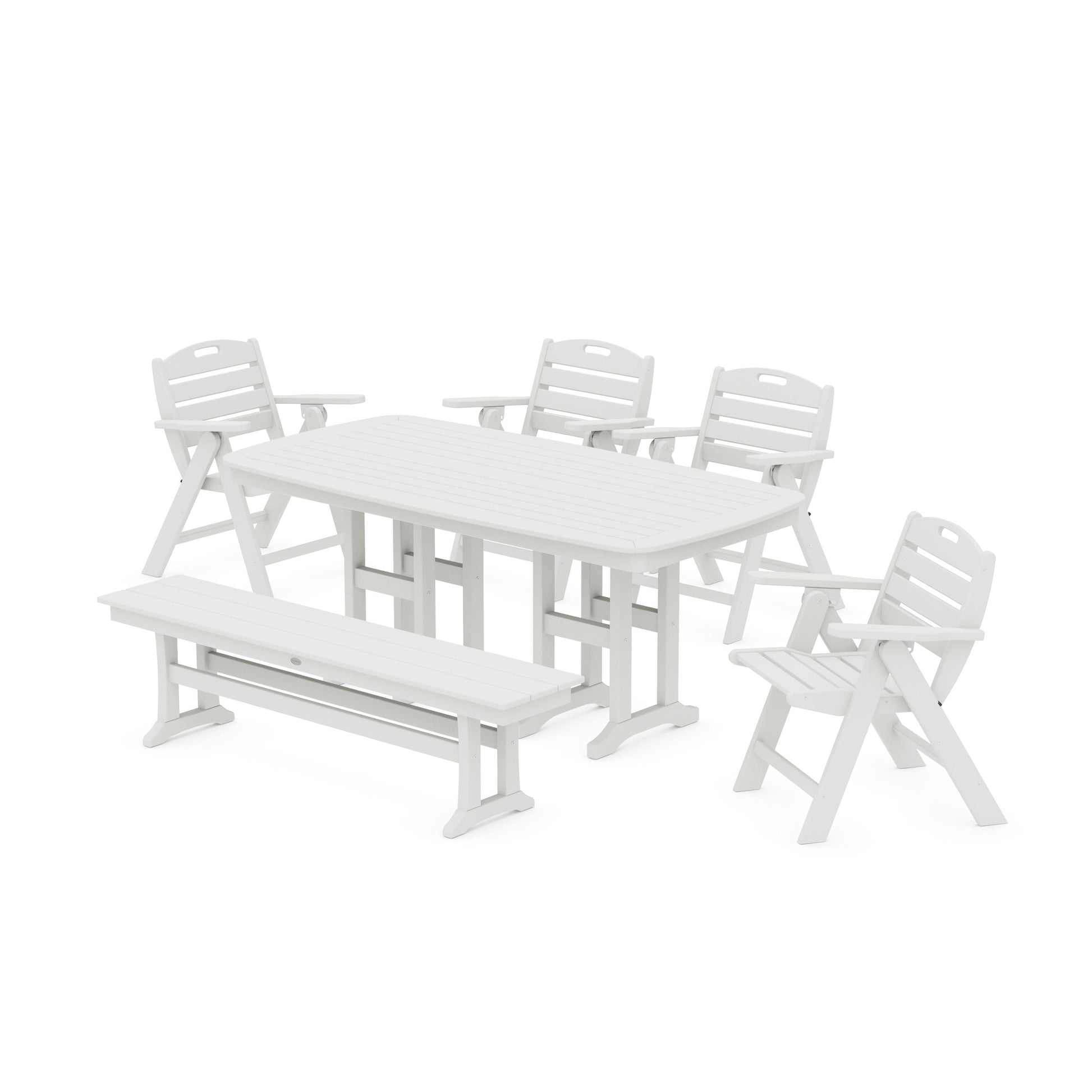 POLYWOOD Nautical Lowback 6-Piece Dining Set with Bench — Vintage White