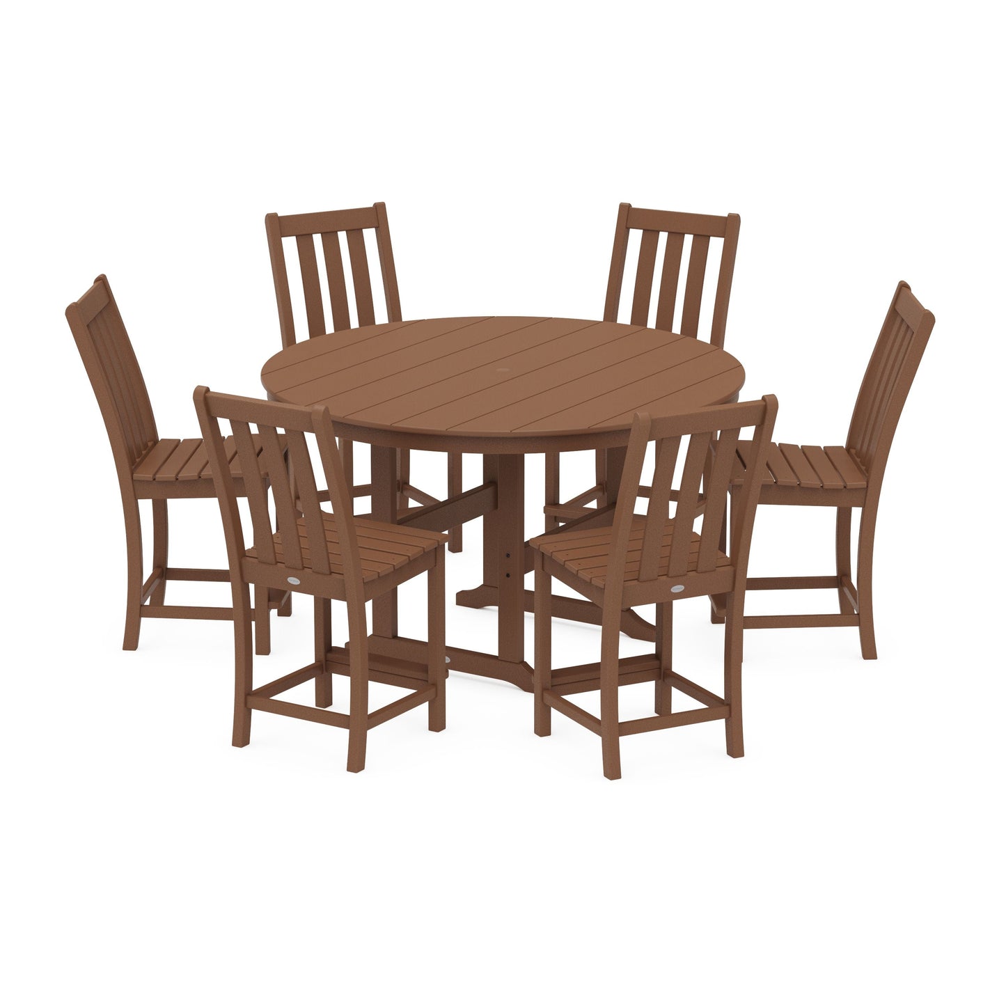 POLYWOOD Vineyard 7-Piece Farmhouse Side Chair Round Farmhouse Counter Set — Teak