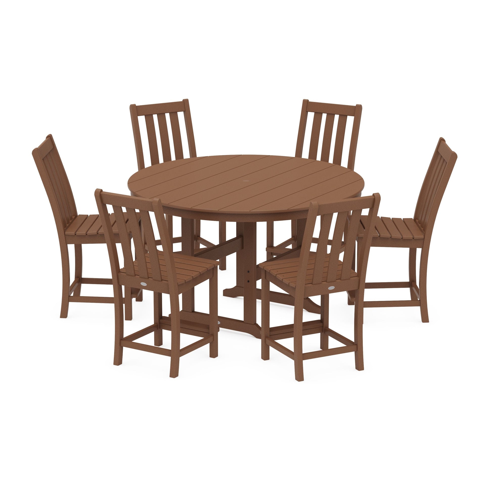 POLYWOOD Vineyard 7-Piece Farmhouse Side Chair Round Farmhouse Counter Set — Teak