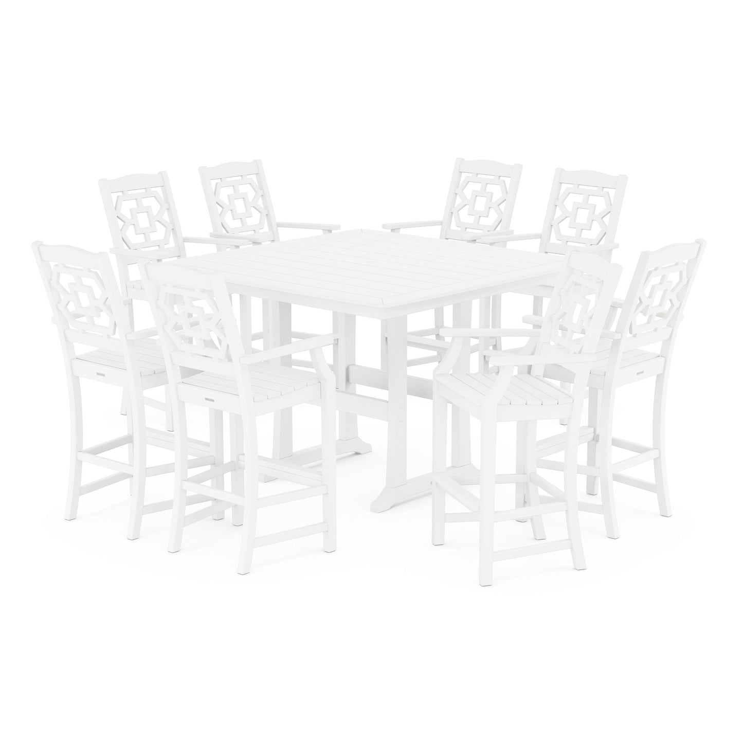 POLYWOOD Chinoiserie 9-Piece Square Bar Set with Trestle Legs — White