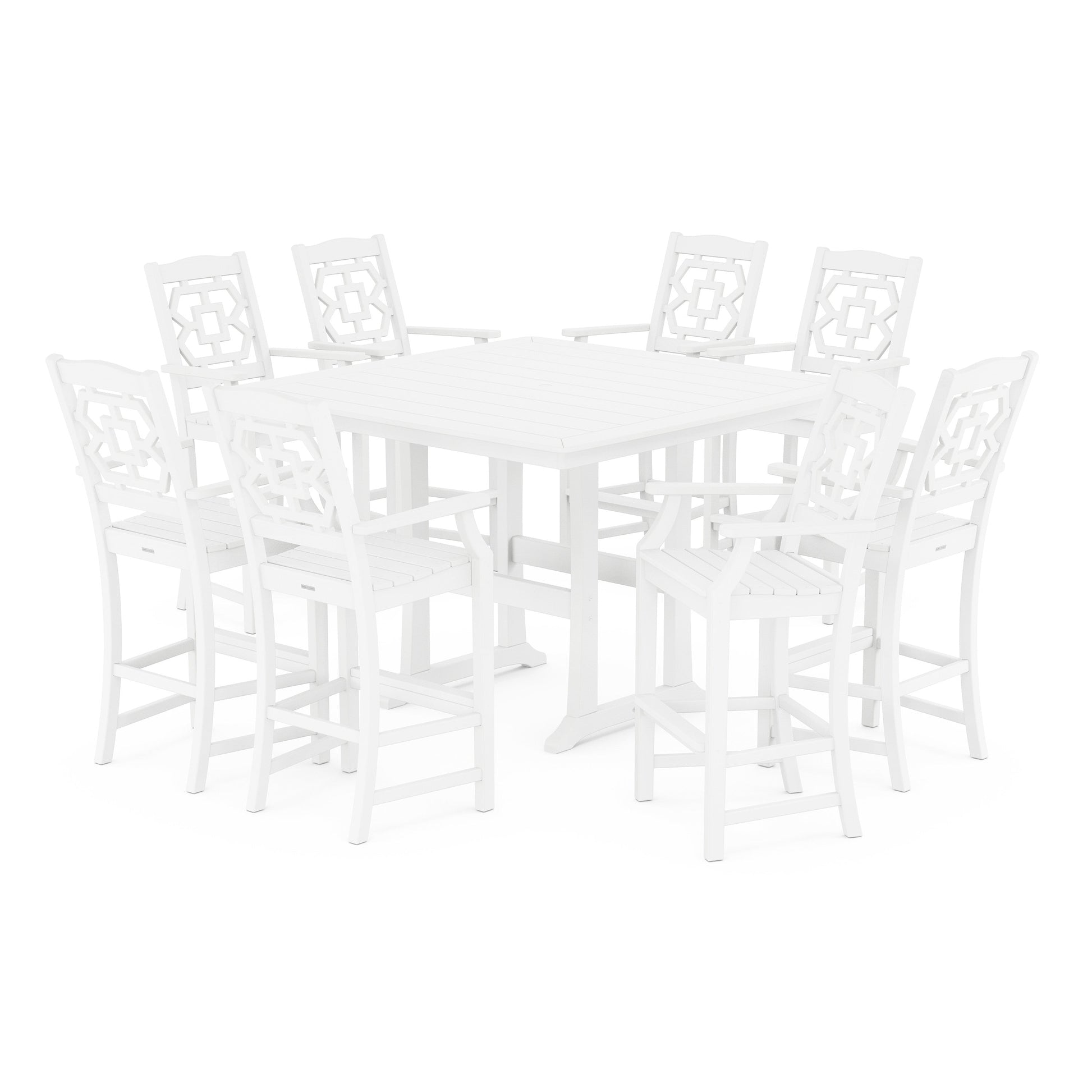 POLYWOOD Chinoiserie 9-Piece Square Bar Set with Trestle Legs — White