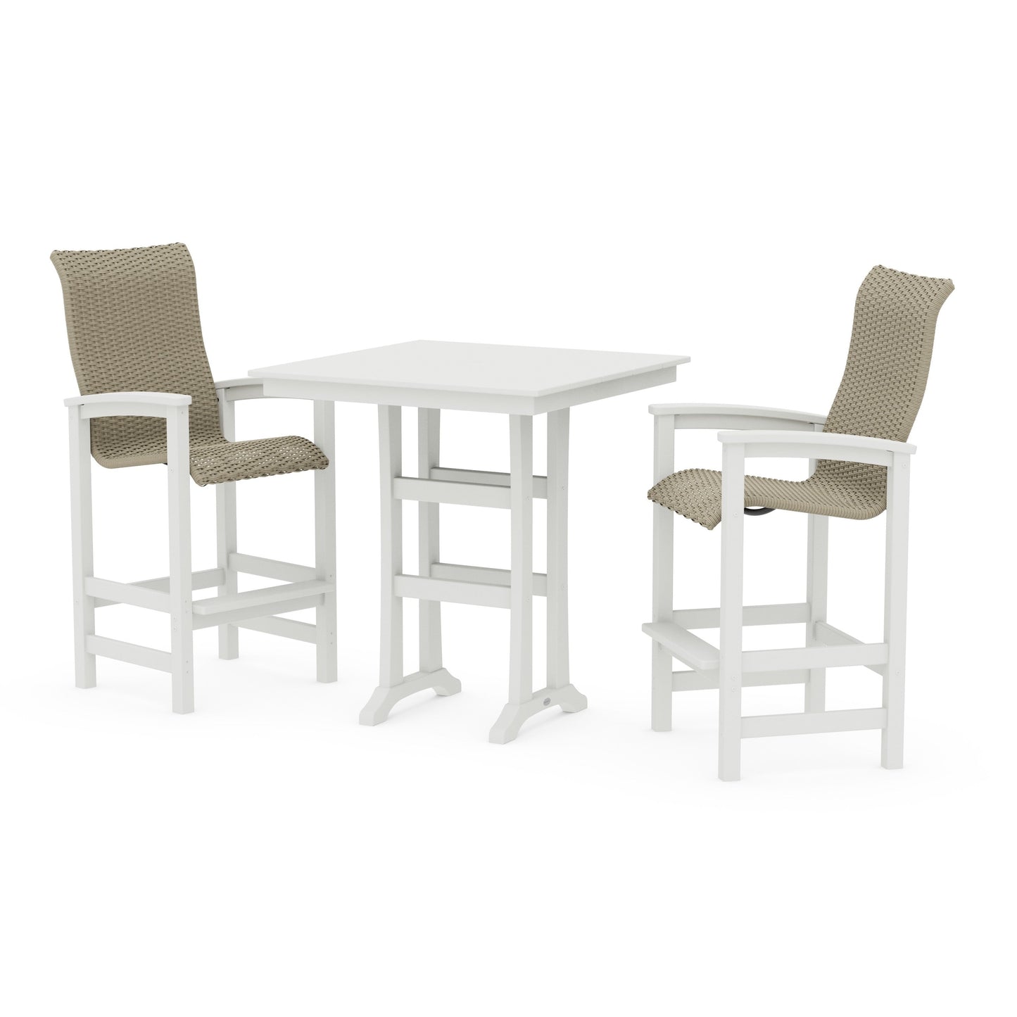 POLYWOOD Coastal Woven High-Back 3-Piece Farmhouse Bar Set with Trestle Legs — White / Dune Grass