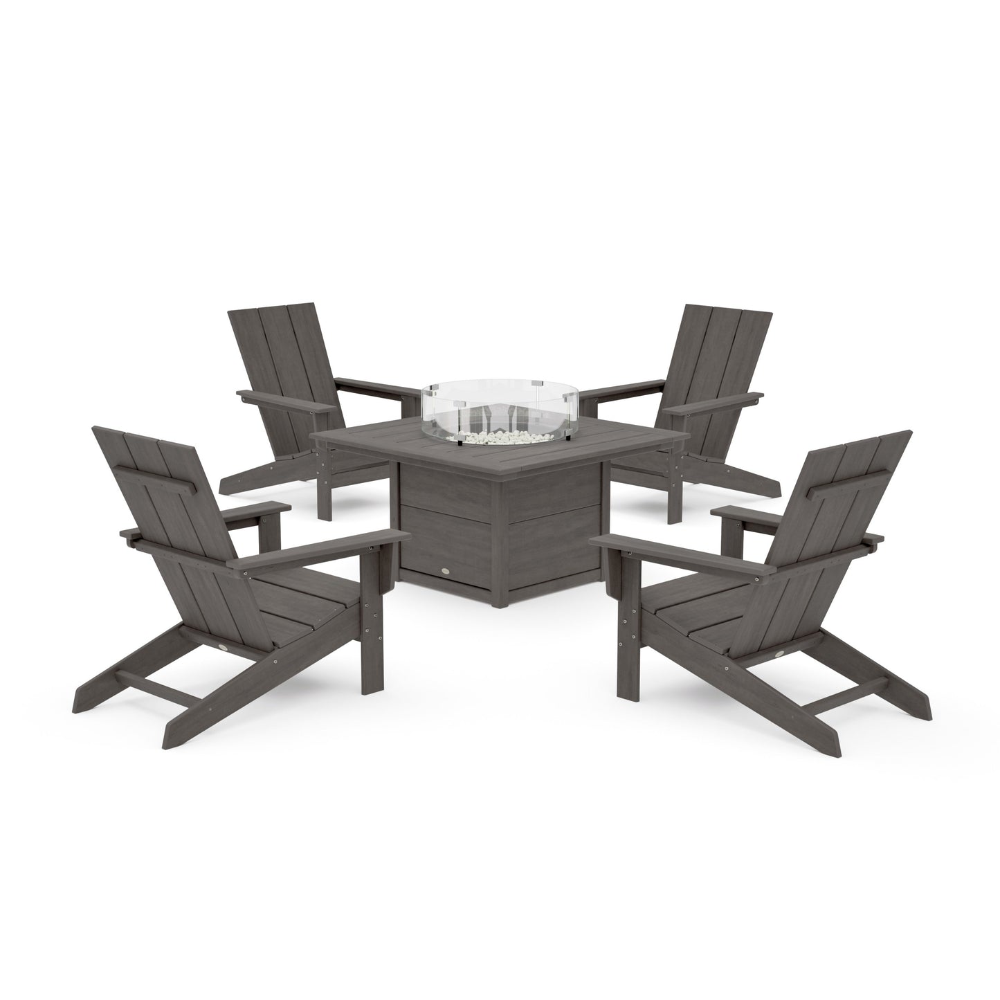 POLYWOOD 5-Piece Modern Studio Adirondack Conversation Set with Fire Pit Table — Driftwood