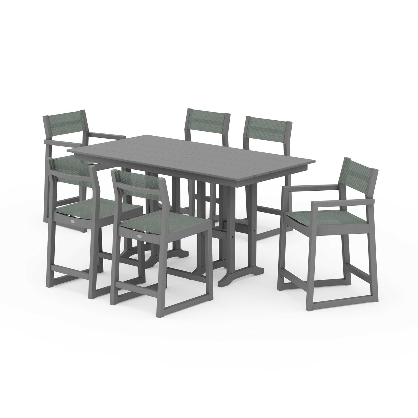 POLYWOOD EDGE Sling 7-Piece Farmhouse Counter Set with Trestle Legs — Slate Grey / Dupioni Sea Mist Sling