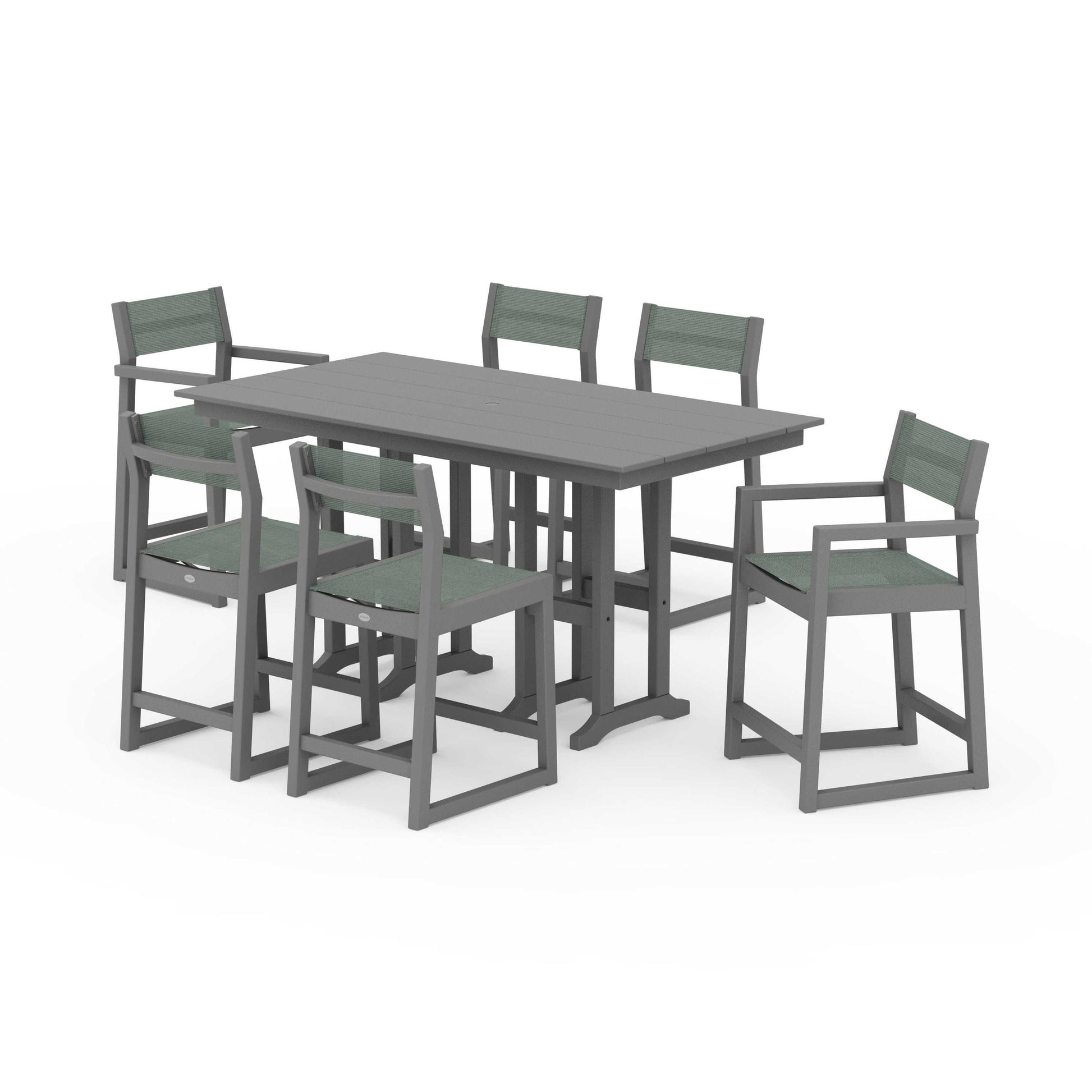 POLYWOOD EDGE Sling 7-Piece Farmhouse Counter Set with Trestle Legs — Slate Grey / Dupioni Sea Mist Sling