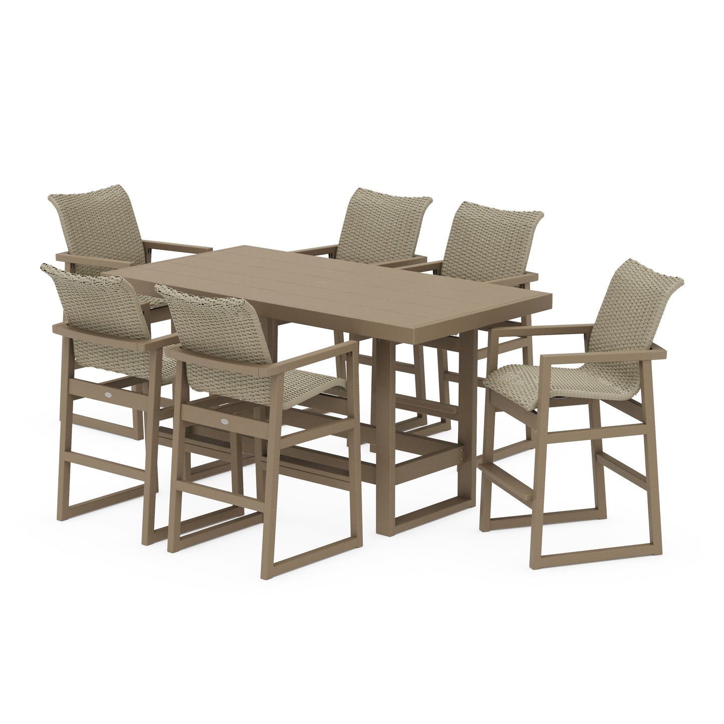 POLYWOOD EDGE Woven Arm Chair 7-Piece Bar Set — Vintage Sahara / Dune Grass