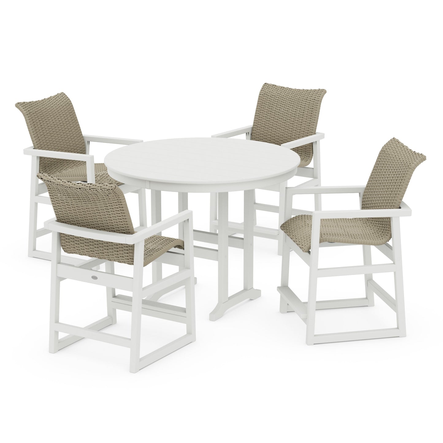 POLYWOOD EDGE Woven 5-Piece Round Farmhouse Counter Set — Vintage White / Dune Grass
