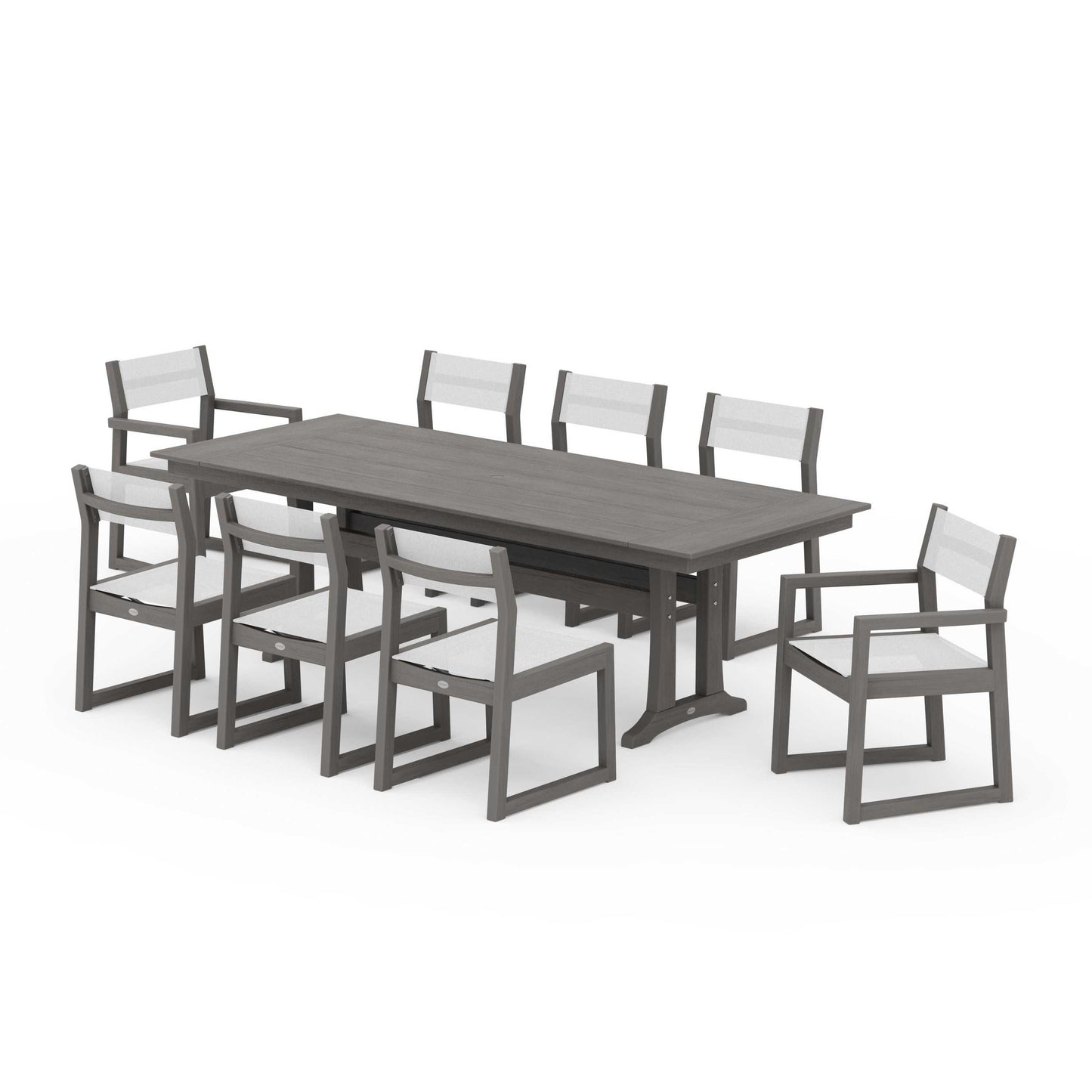 POLYWOOD EDGE Sling 9-Piece Farmhouse Trestle Dining Set — Driftwood / White Sling