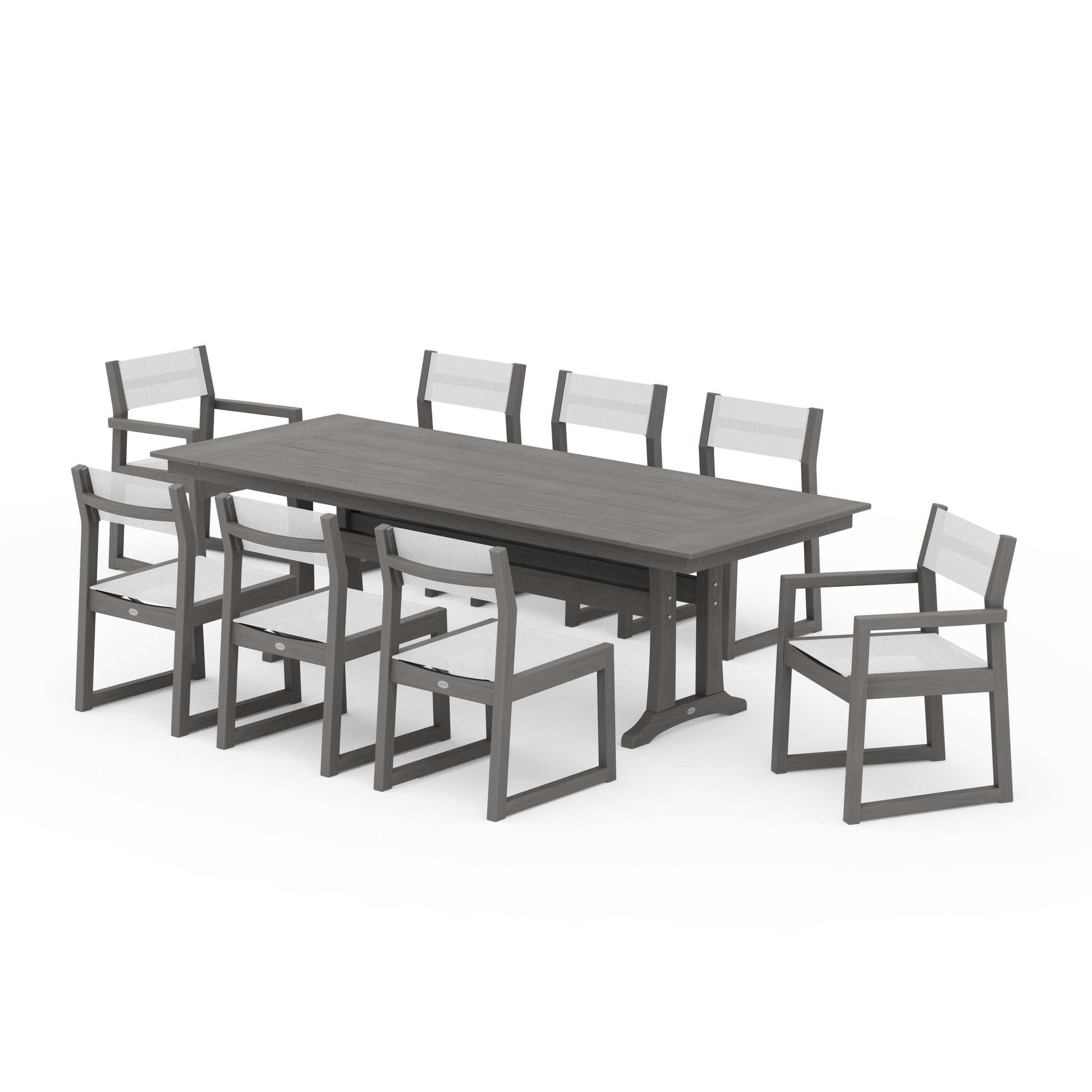 POLYWOOD EDGE Sling 9-Piece Farmhouse Trestle Dining Set — Driftwood / White Sling