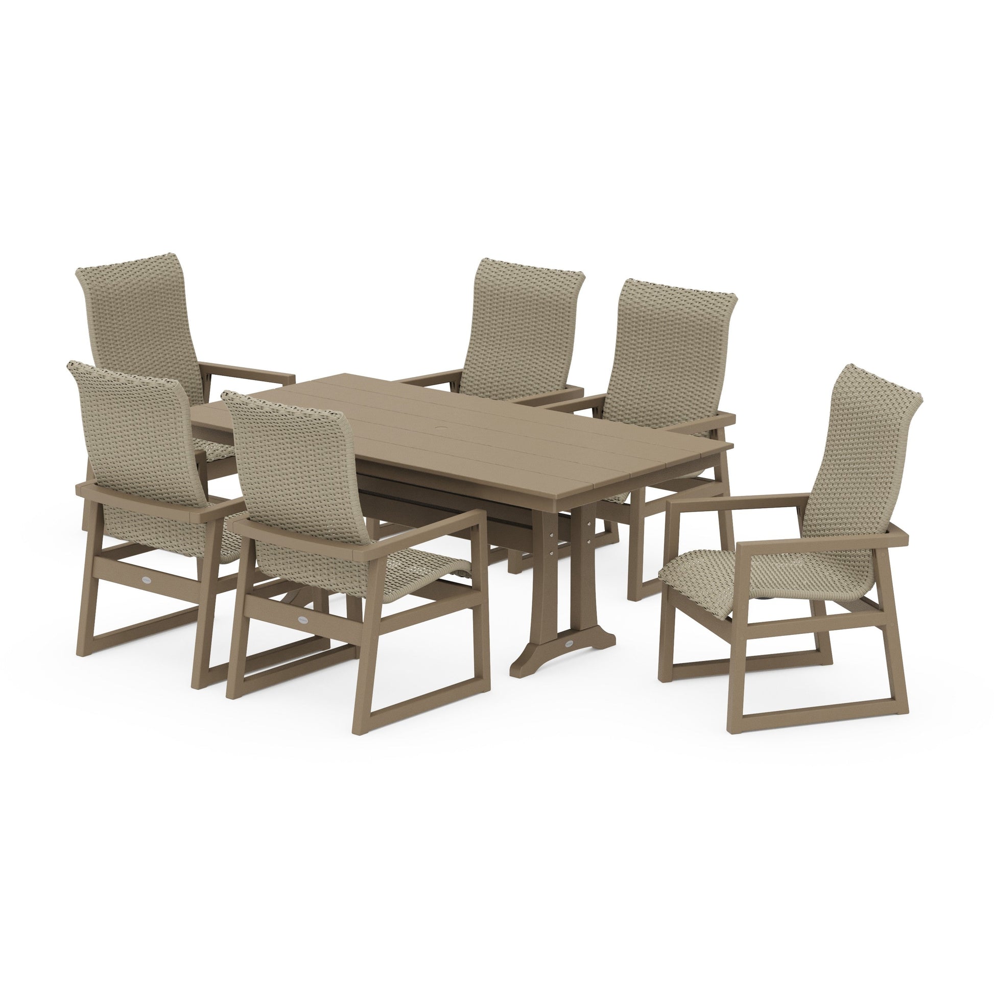 POLYWOOD EDGE Woven Highback Arm Chair 7-Piece Farmhouse Dining Set with Trestle Legs — Vintage Sahara / Dune Grass