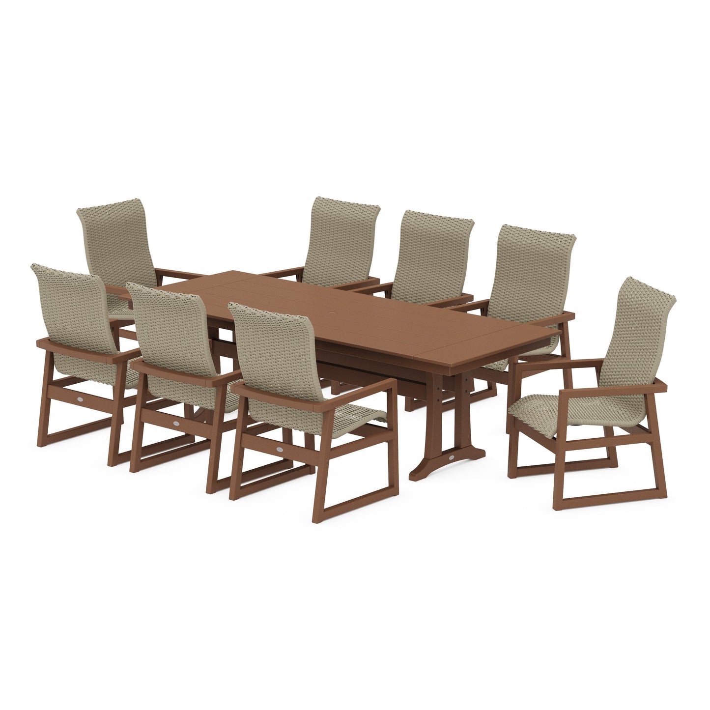 POLYWOOD EDGE Woven Highback 9-Piece Farmhouse Dining Set with Trestle Legs — Teak / Dune Grass
