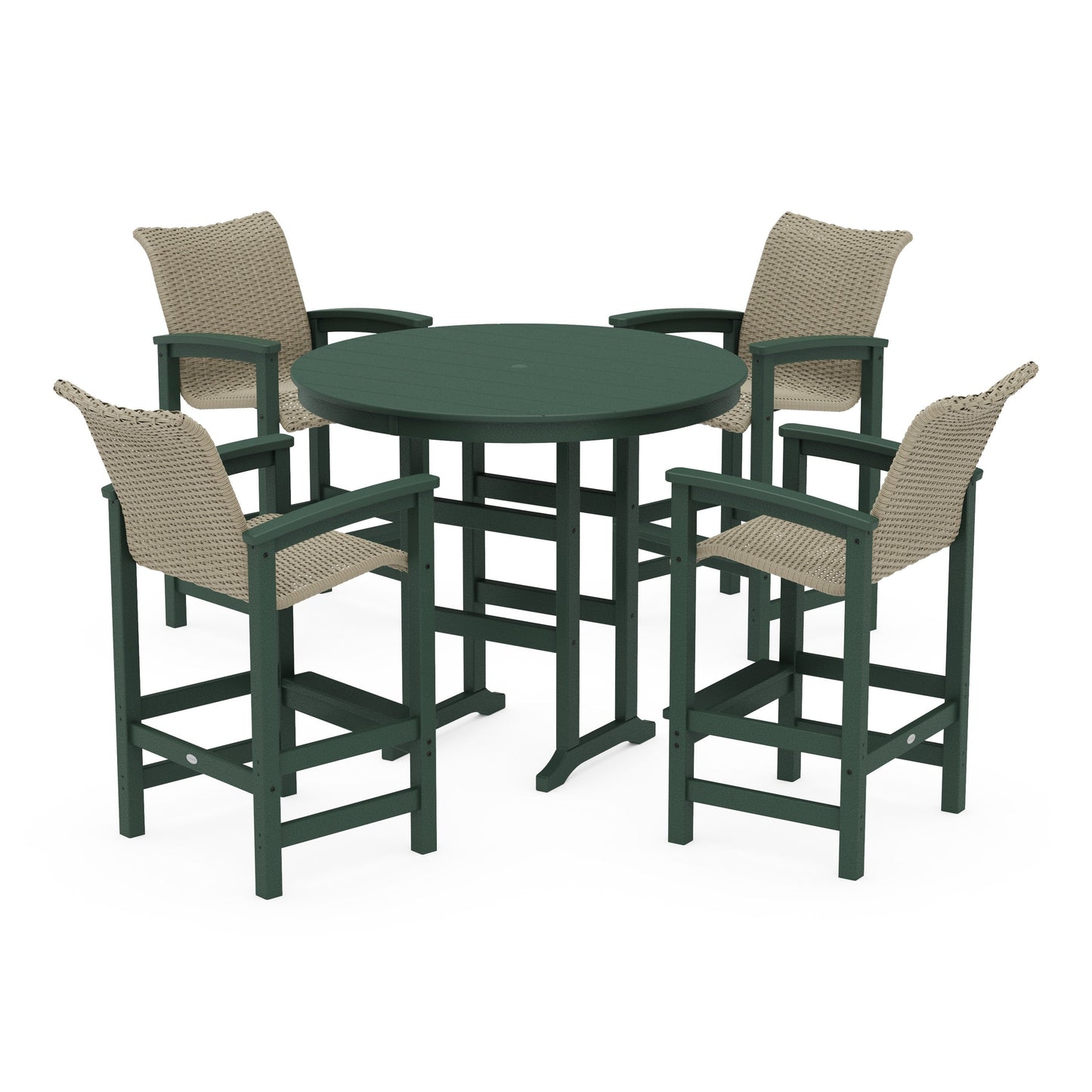 POLYWOOD Coastal Woven 5-Piece Round Farmhouse Bar Set — Green / Dune Grass