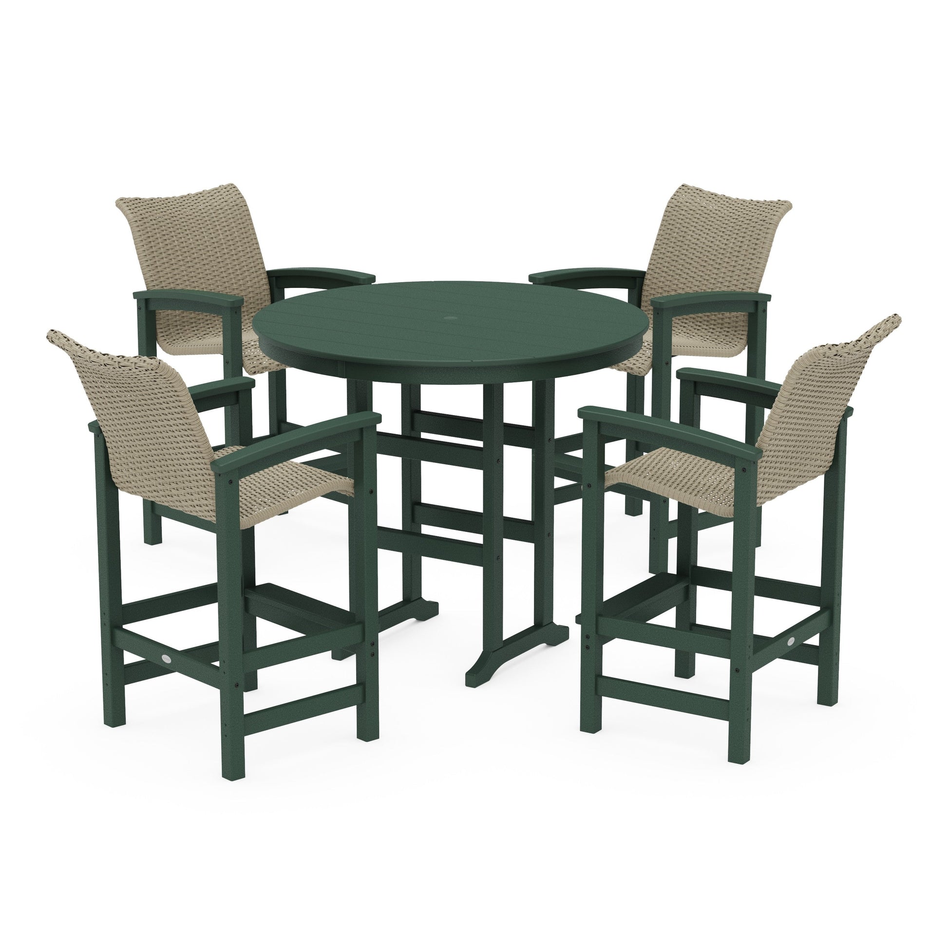 POLYWOOD Coastal Woven 5-Piece Round Farmhouse Bar Set — Green / Dune Grass