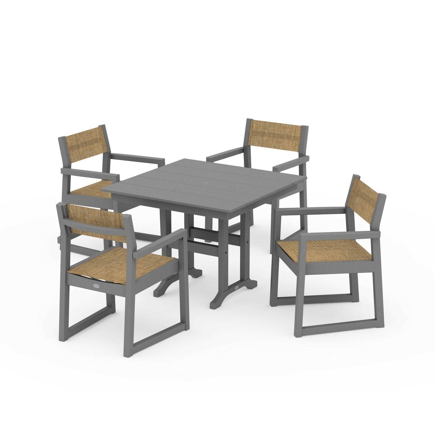 POLYWOOD EDGE Sling Arm Chair 5-Piece Farmhouse Dining Set — Slate Grey / Burlap Sling