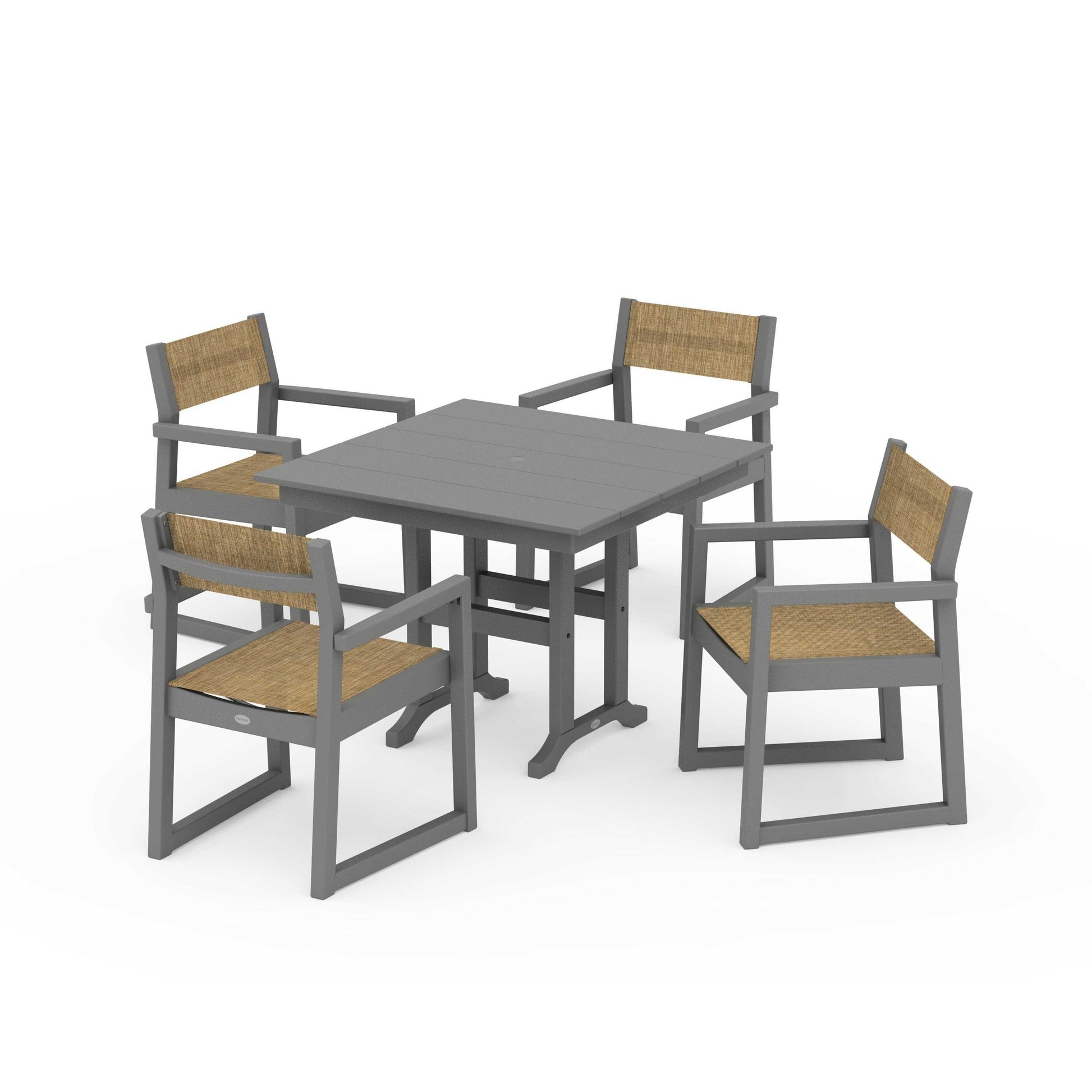 POLYWOOD EDGE Sling Arm Chair 5-Piece Farmhouse Dining Set — Slate Grey / Burlap Sling