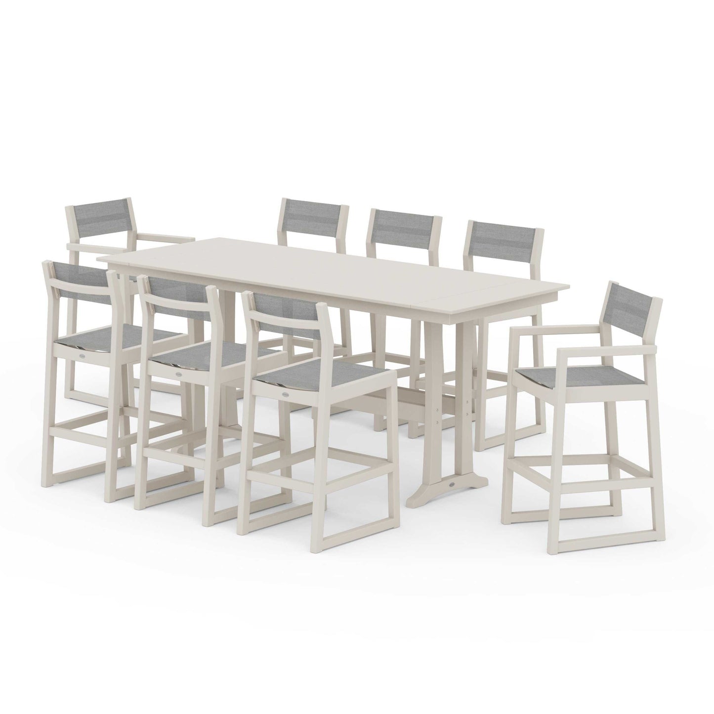 POLYWOOD EDGE Sling 9-Piece Farmhouse Bar Set with Trestle Legs — Sand / Metallic Sling