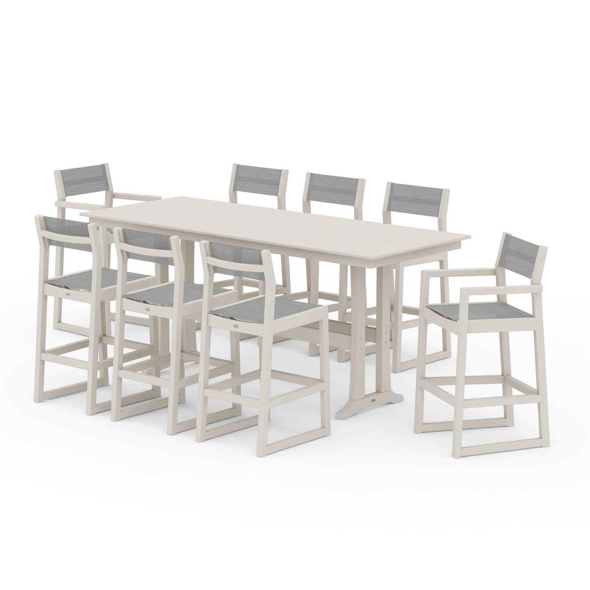 POLYWOOD EDGE Sling 9-Piece Farmhouse Bar Set with Trestle Legs — Sand / Metallic Sling