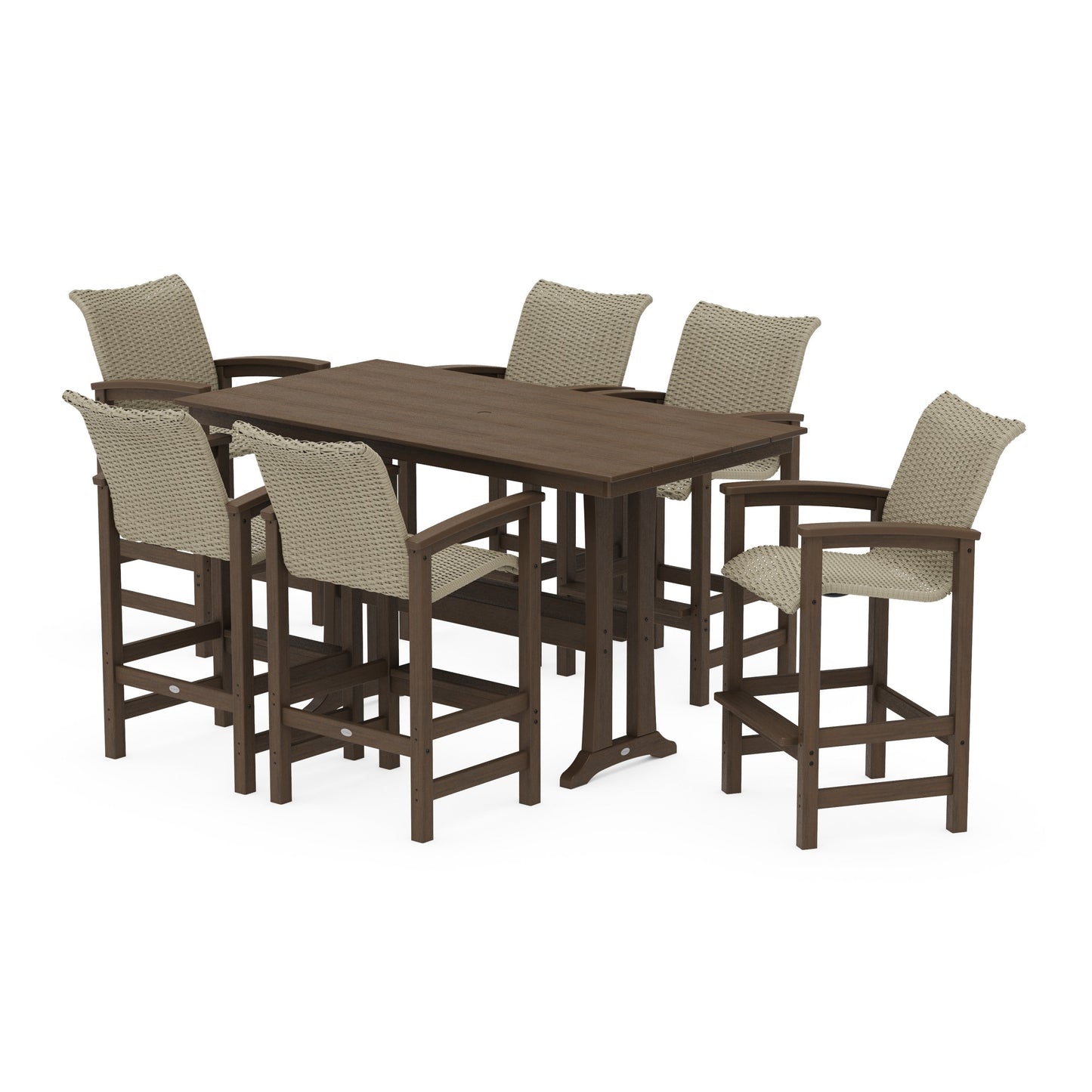 POLYWOOD Coastal Woven Arm Chair 7-Piece Farmhouse Bar Set with Trestle Legs — Kona / Dune Grass