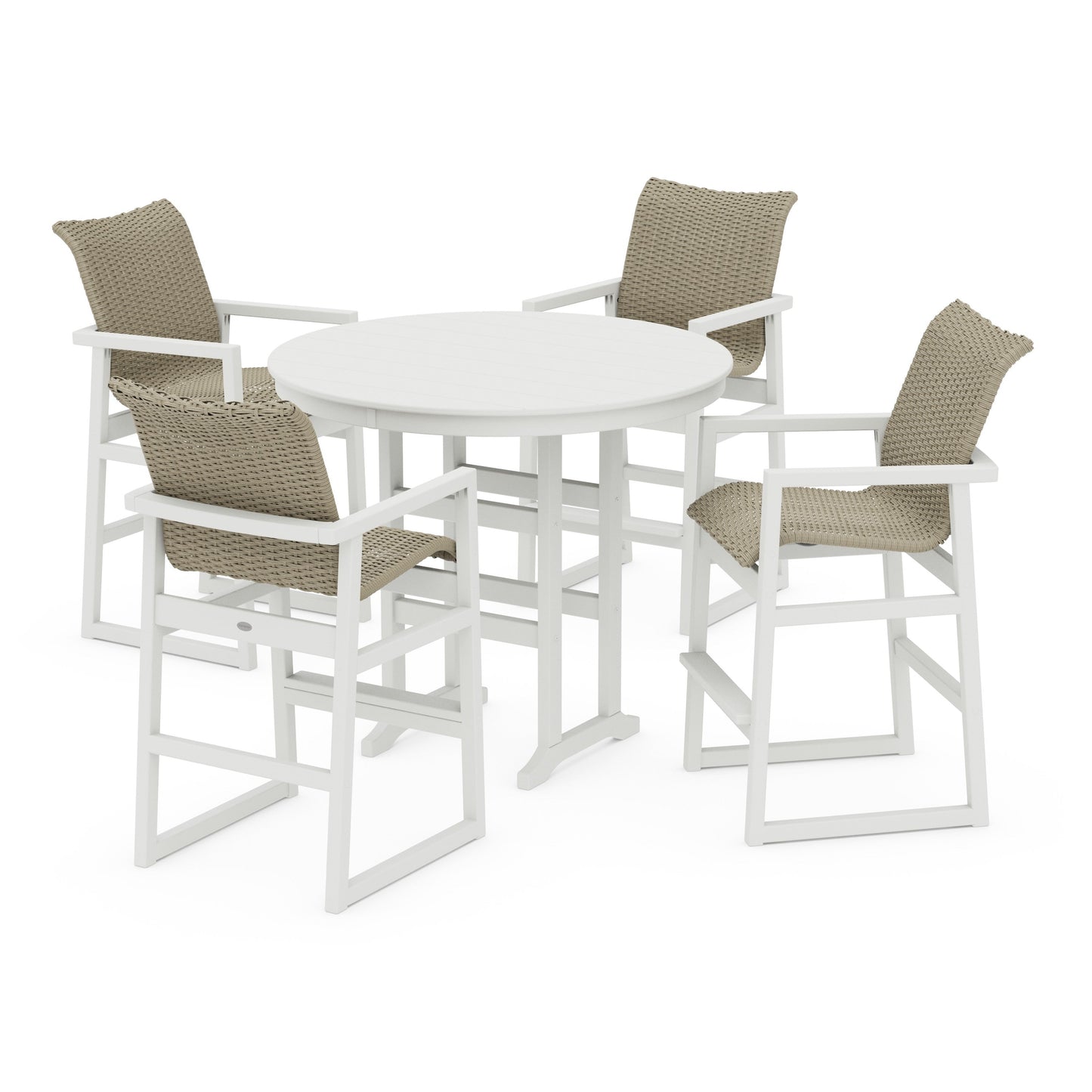 POLYWOOD EDGE Woven 5-Piece Round Farmhouse Bar Set — Vintage White / Dune Grass