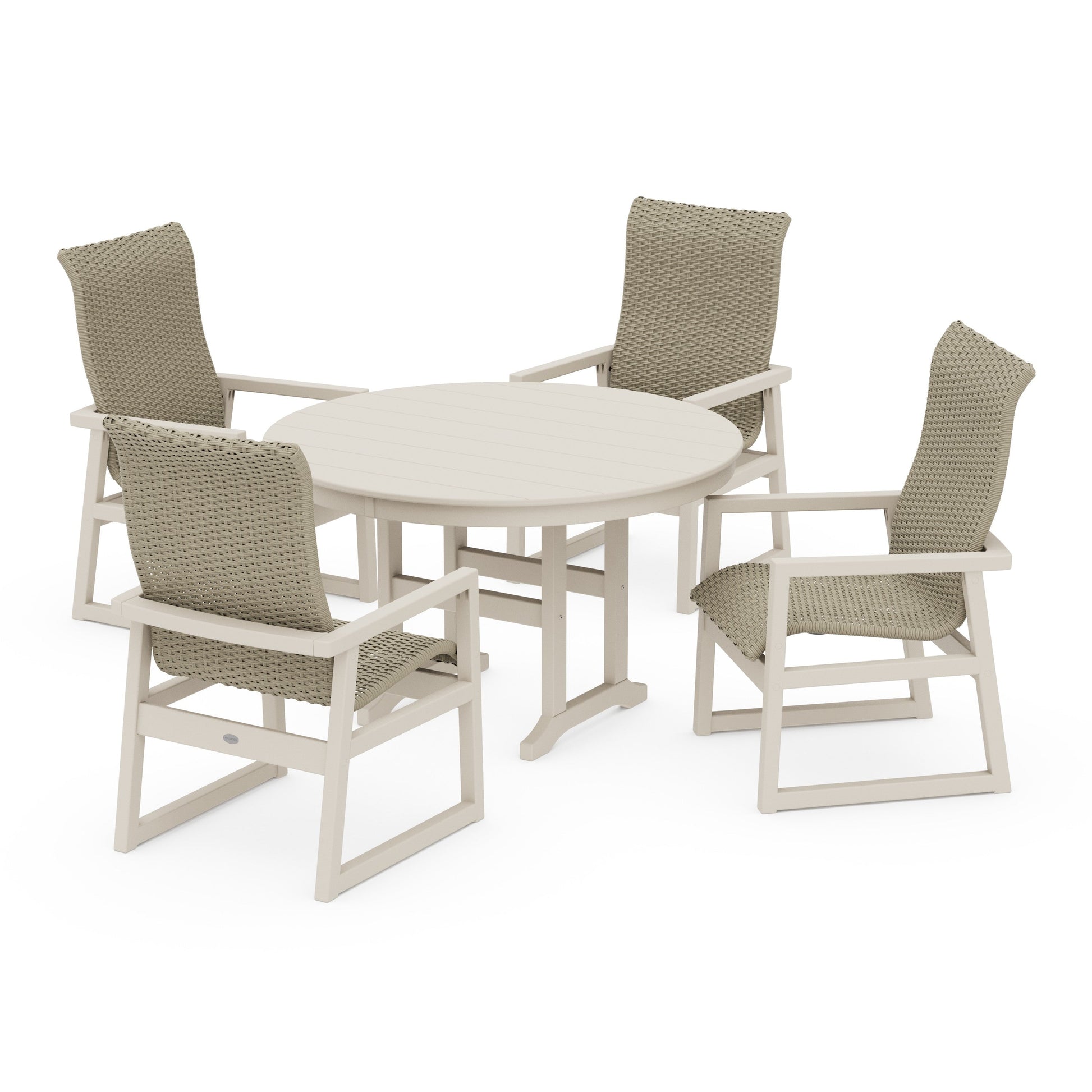 POLYWOOD EDGE Woven Highback 5-Piece Round Farmhouse Dining Set — Sand / Dune Grass
