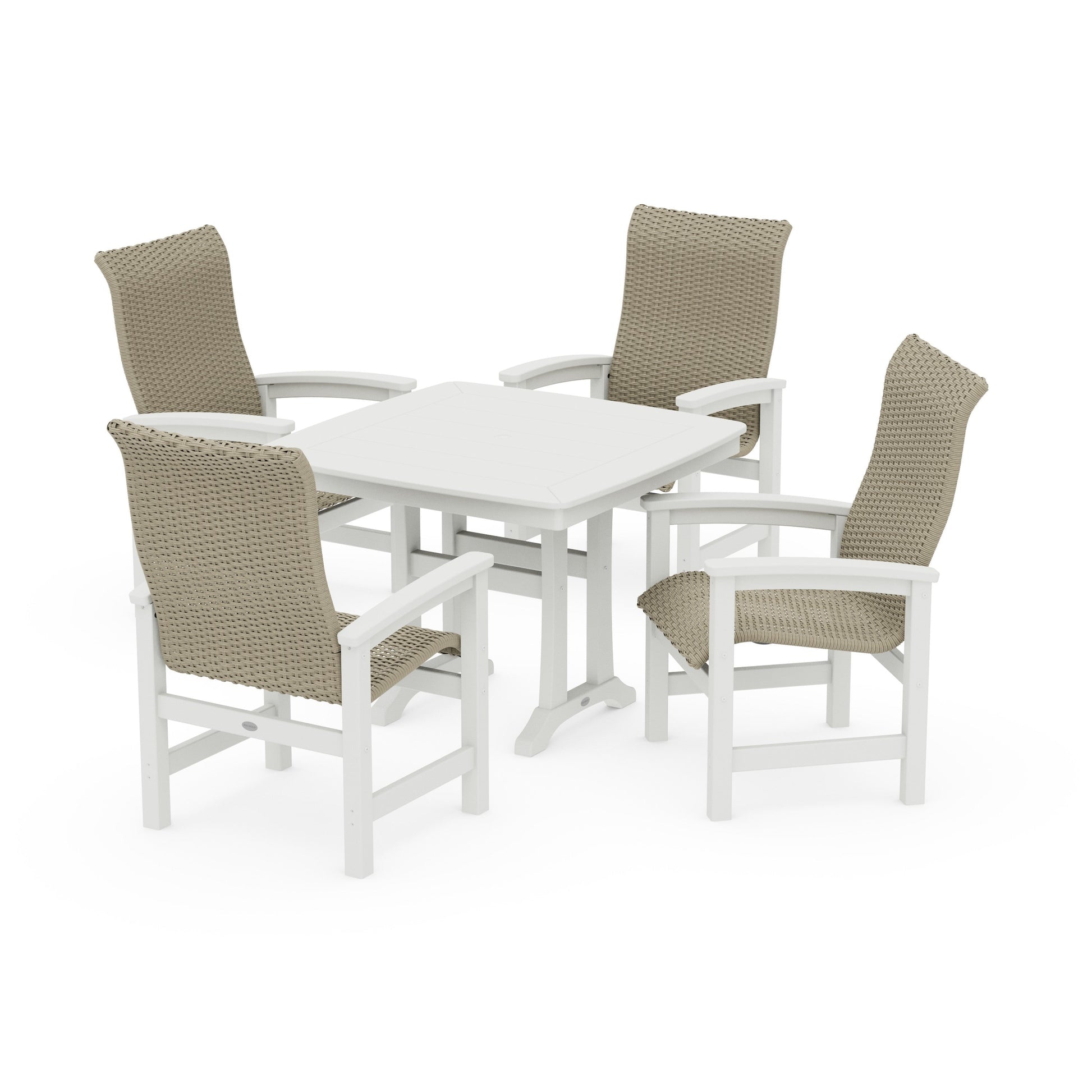 POLYWOOD Coastal Woven High-Back 5-Piece Dining Set with Trestle Legs — White / Dune Grass