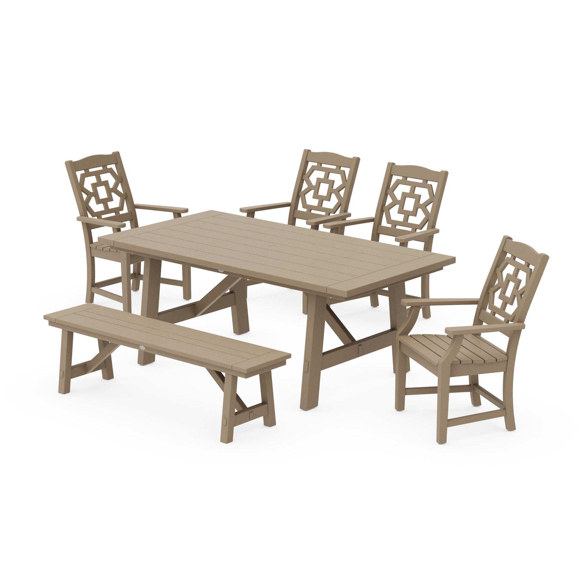 POLYWOOD Chinoiserie 6-Piece Rustic Farmhouse Dining Set with Bench — Vintage Sahara