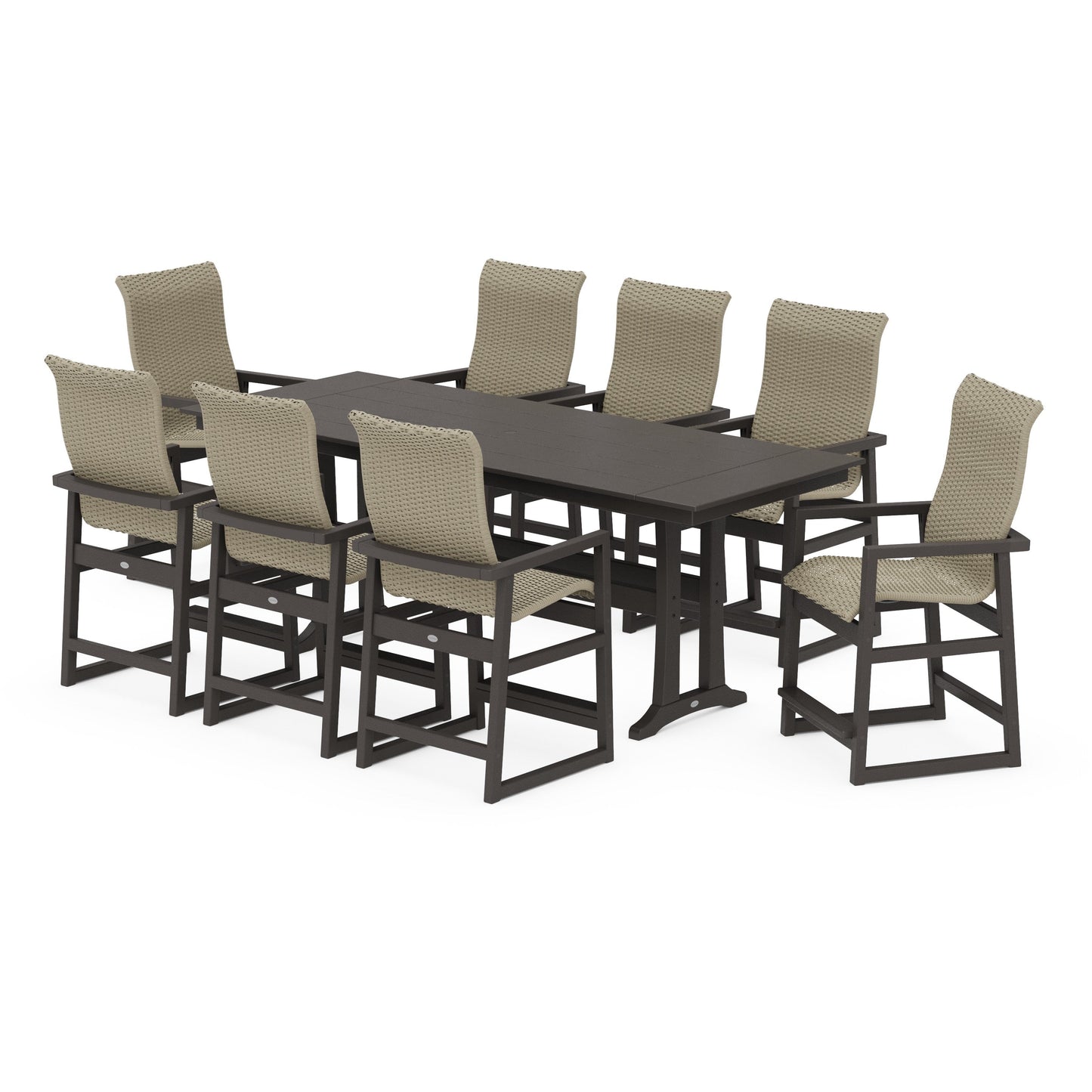 POLYWOOD EDGE Woven Highback 9-Piece Farmhouse Counter Set with Trestle Legs — Vintage Coffee / Dune Grass